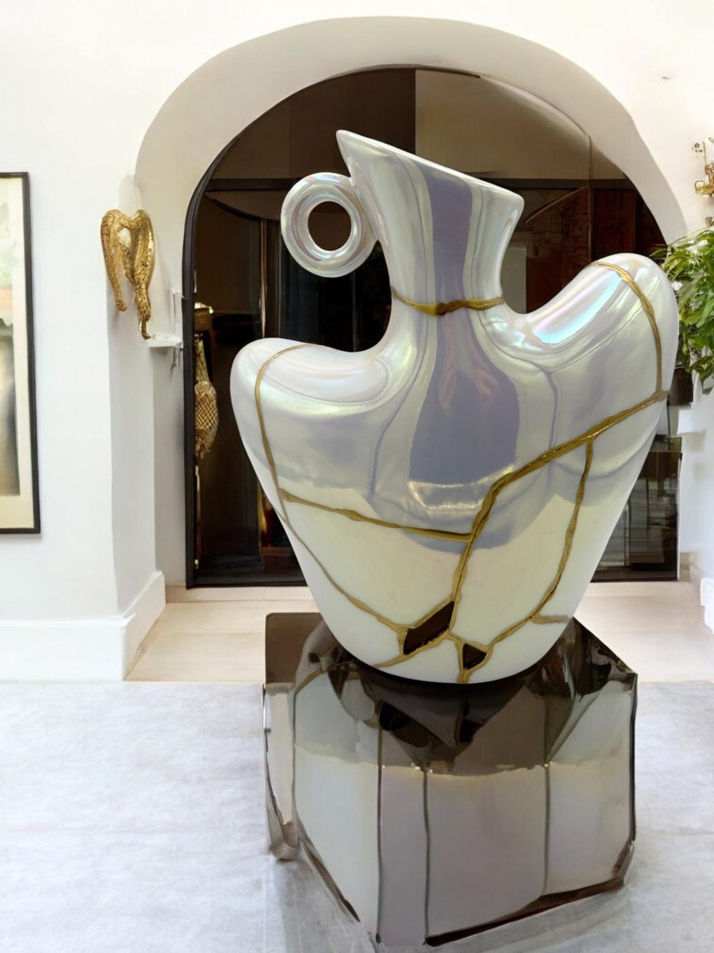 Kintsugi Iridescent Bust Vase - Broken + Repaired Japanese Pottery - Feminine Form - Smooth Texture - Hand Painted Gold (H) 9in (W) 7.25