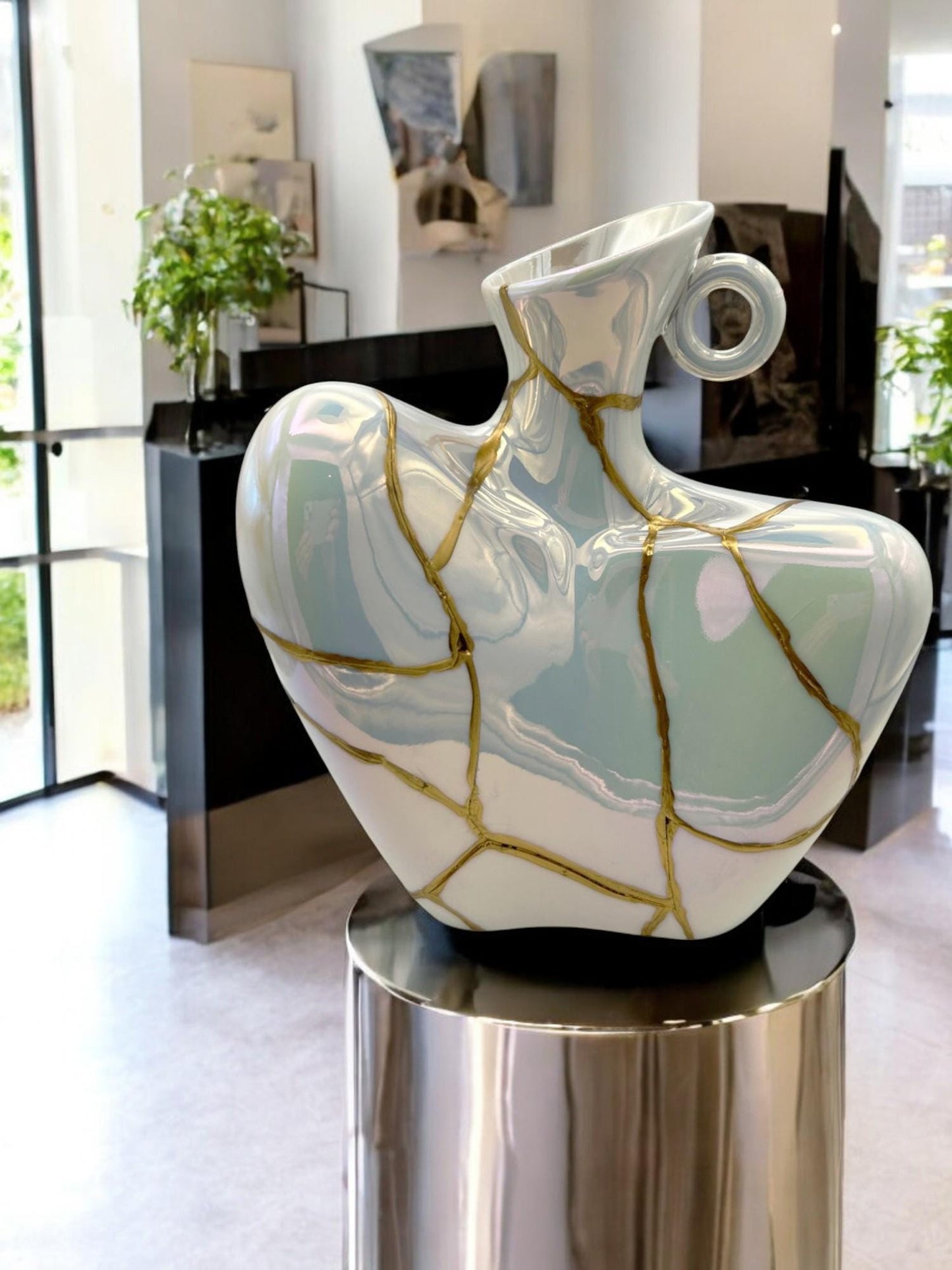 Kintsugi Iridescent Bust Vase - Broken + Repaired Japanese Pottery - Feminine Form - Smooth Texture - Hand Painted Gold (H) 9in (W) 7.25