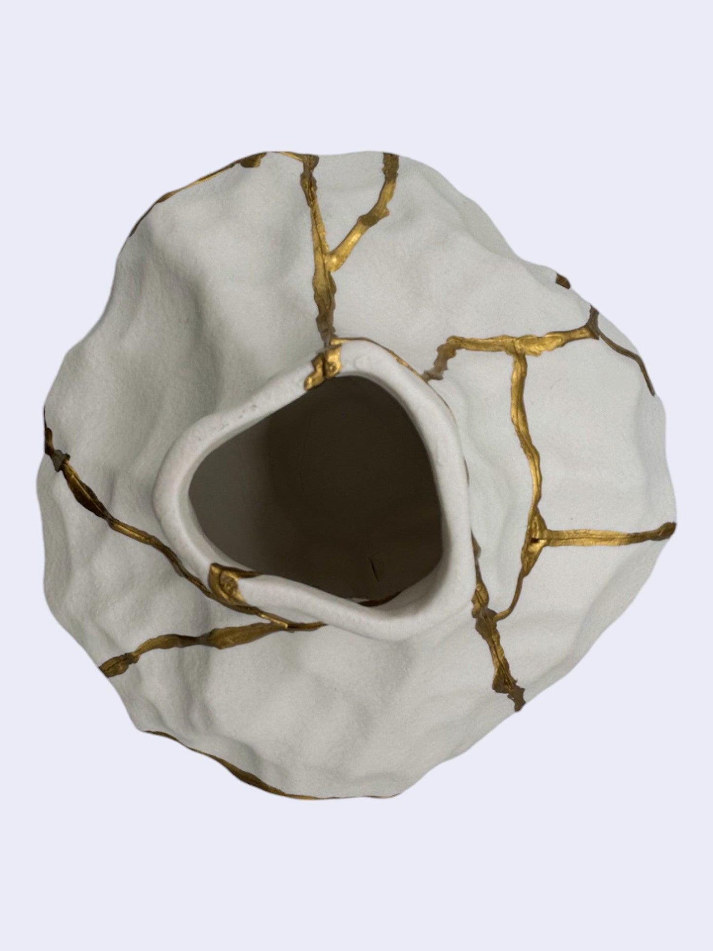 Roccia White Kintsugi Rock Vase - Matte/Irregular - Broken + Repaired Japanese Pottery - Hand Painted Gold Detail - (H) 7in (W) 6.25in