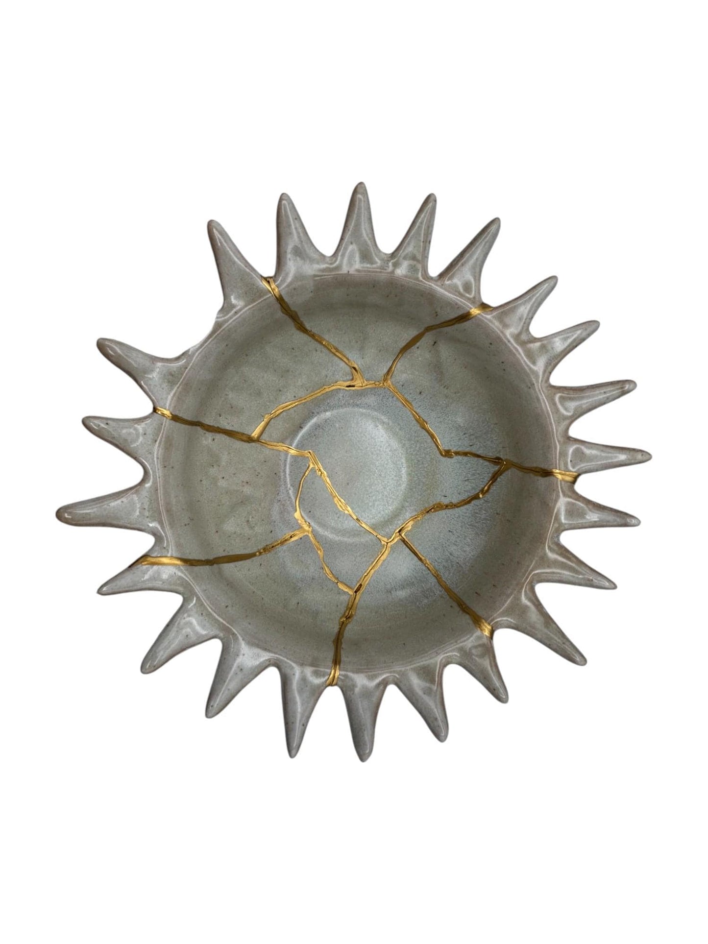 Kintsugi Urchin Bowl - Ocean/Wabi Sabi - Broken + Repaired Japanese Pottery Art - Hand Painted Gold - Ceramic - Whitewashed/Sage (D) 8.5in