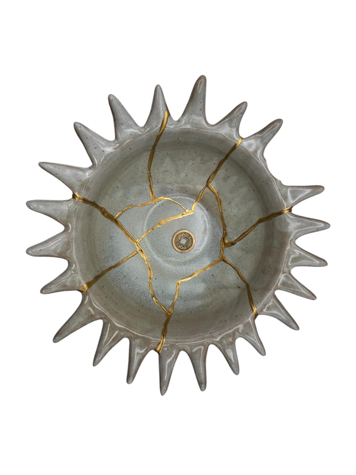 Kintsugi Urchin Bowl - Ocean/Wabi Sabi - Broken + Repaired Japanese Pottery Art - Hand Painted Gold - Ceramic - Whitewashed/Sage (D) 8.5in