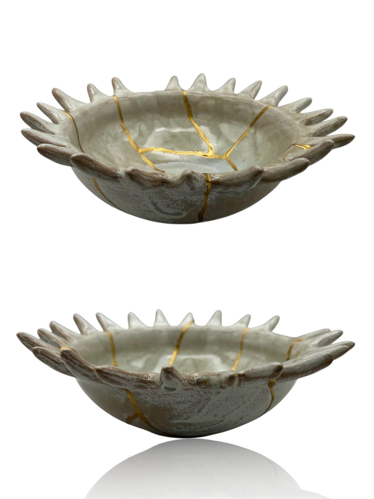 Kintsugi Urchin Bowl - Ocean/Wabi Sabi - Broken + Repaired Japanese Pottery Art - Hand Painted Gold - Ceramic - Whitewashed/Sage (D) 8.5in