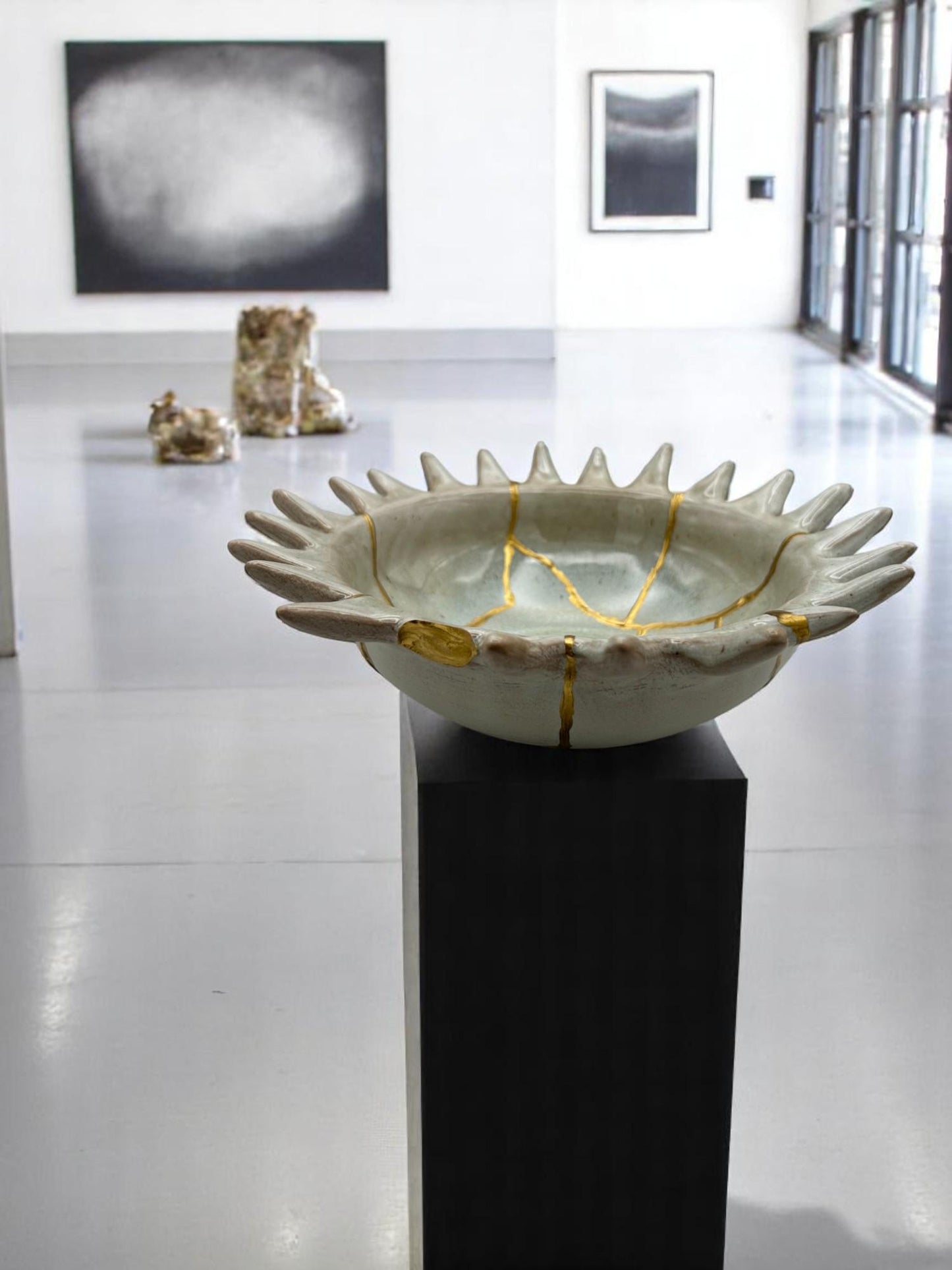Kintsugi Urchin Bowl - Ocean/Wabi Sabi - Broken + Repaired Japanese Pottery Art - Hand Painted Gold - Ceramic - Whitewashed/Sage (D) 8.5in