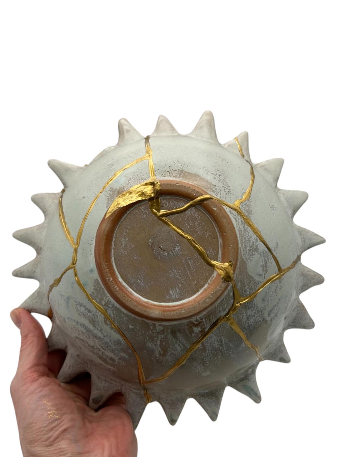 Kintsugi Urchin Bowl - Ocean/Wabi Sabi - Broken + Repaired Japanese Pottery Art - Hand Painted Gold - Ceramic - Whitewashed/Sage (D) 8.5in