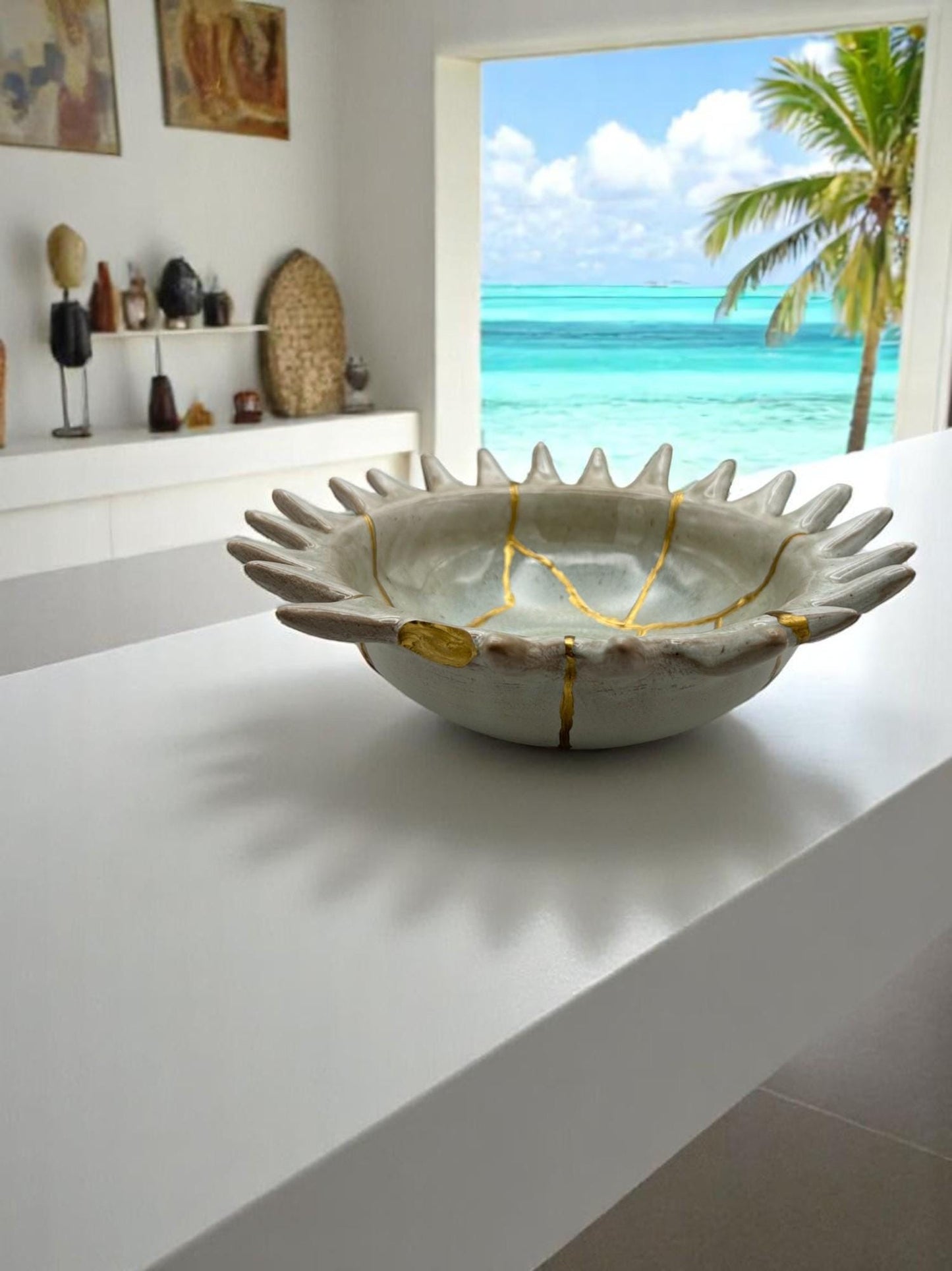 Kintsugi Urchin Bowl - Ocean/Wabi Sabi - Broken + Repaired Japanese Pottery Art - Hand Painted Gold - Ceramic - Whitewashed/Sage (D) 8.5in