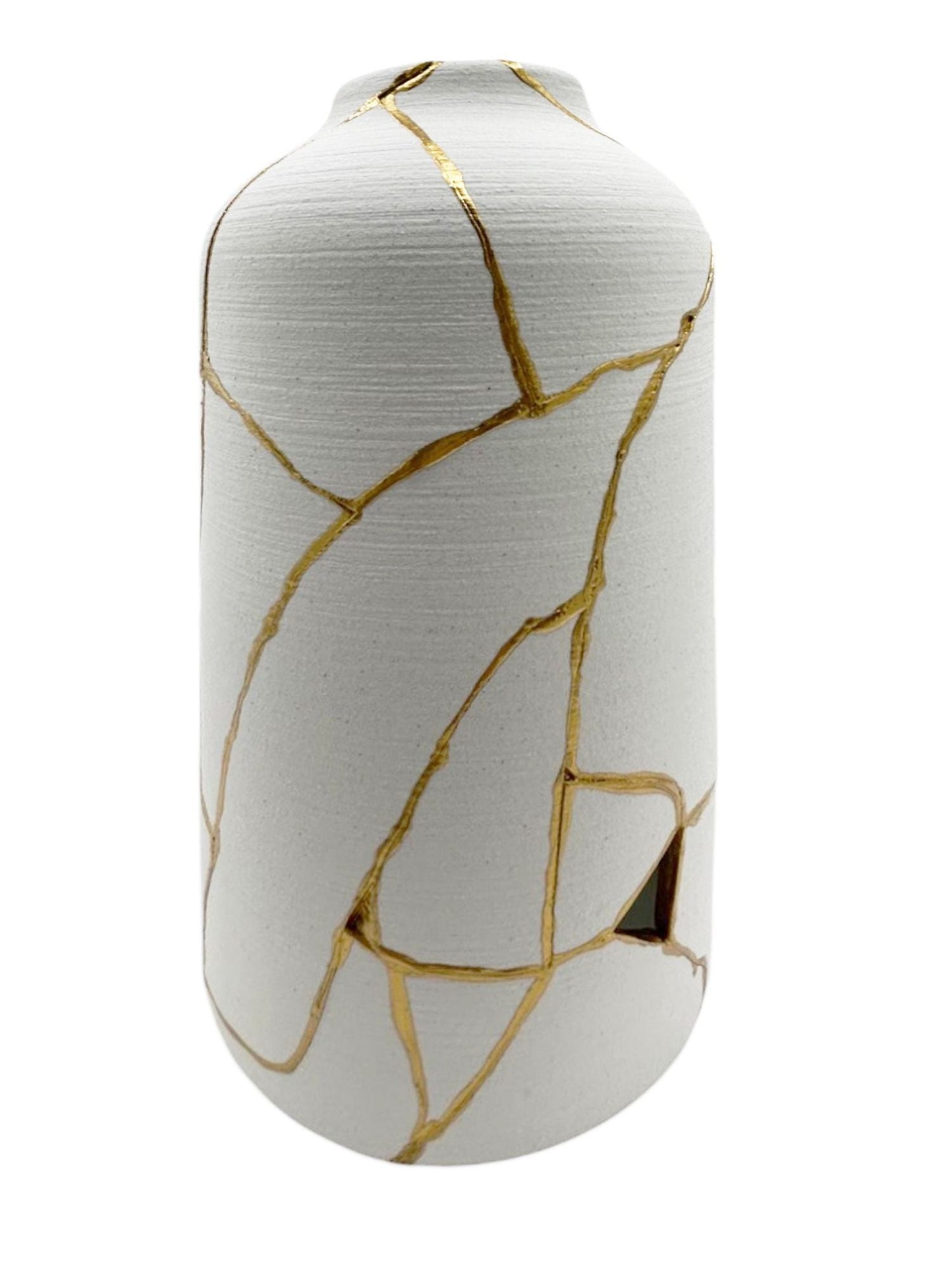 buy online luxury, bestseller, handmade, one of a kind, modern kintsugi japanese pottery art gift decorative cylinder vase for dried flowers in white with rough brushed horizontal texture and gold paint along break lines for sale