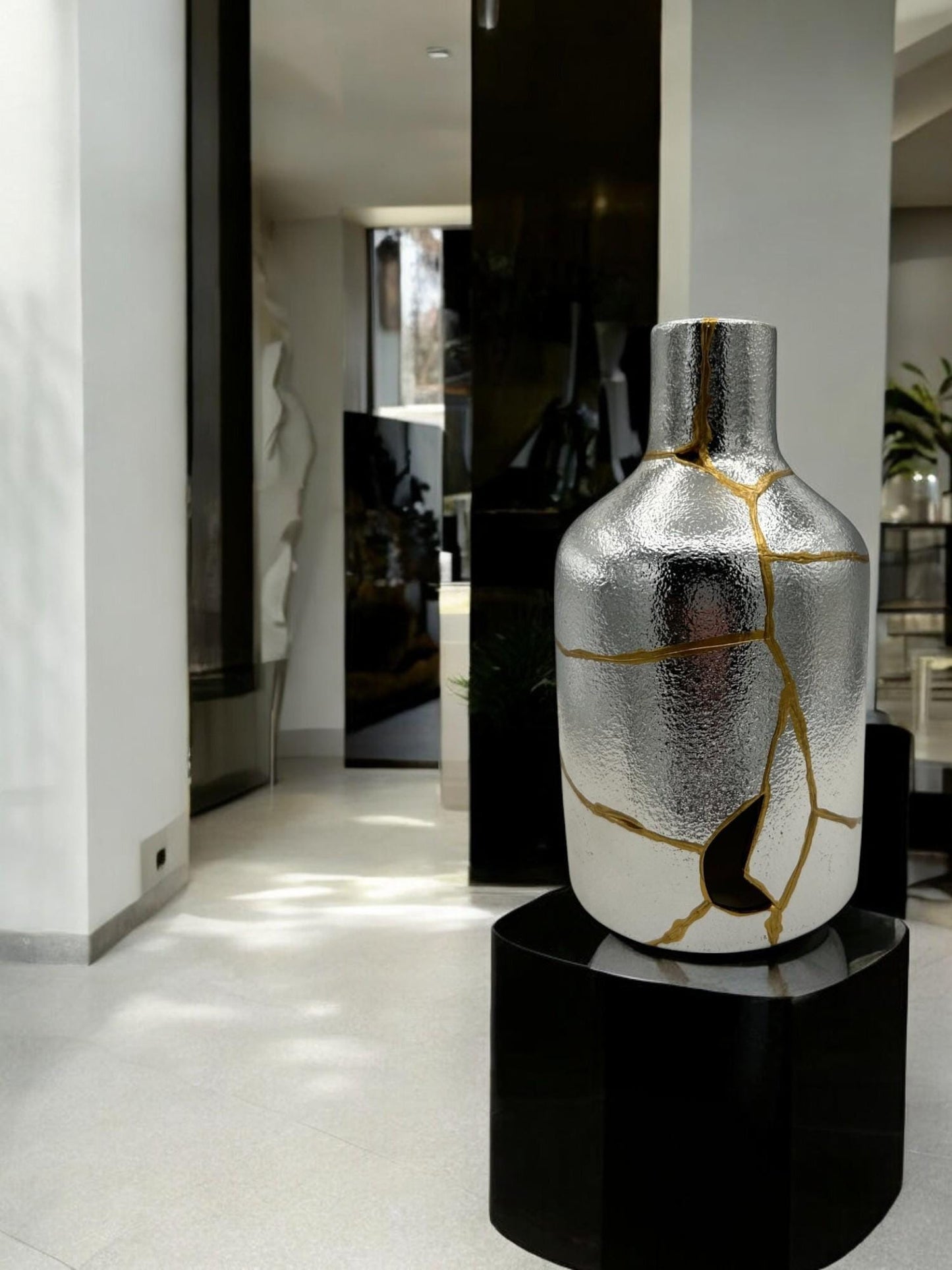 buy online luxury, bestseller, handmade, one of a kind, modern kintsugi japanese pottery art gift decorative small bottle style vase for dried flowers in silver/chrome ceramic with gold paint along break lines for sale