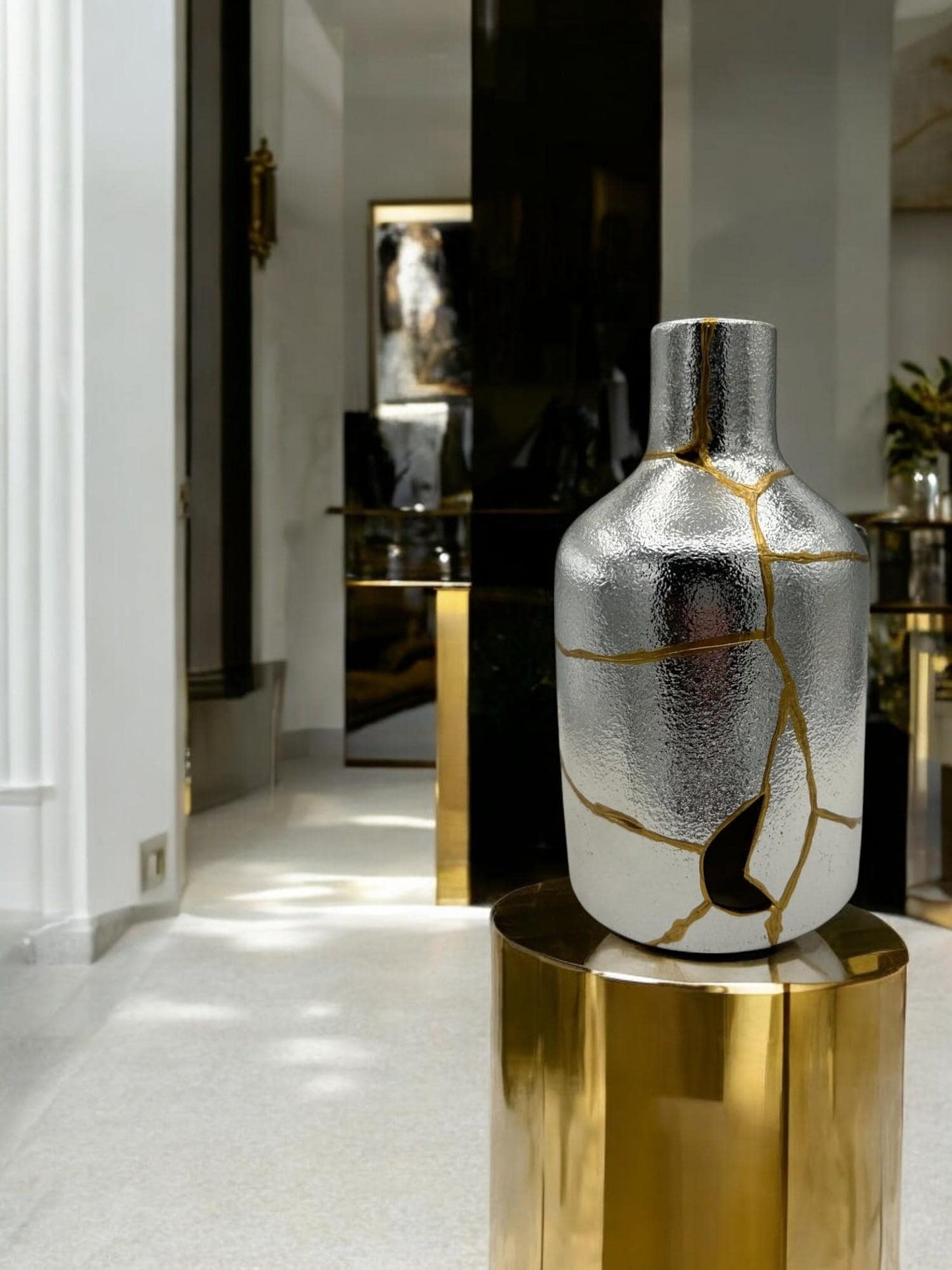 buy online luxury, bestseller, handmade, one of a kind, modern kintsugi japanese pottery art gift decorative small bottle style vase for dried flowers in silver/chrome ceramic with gold paint along break lines for sale
