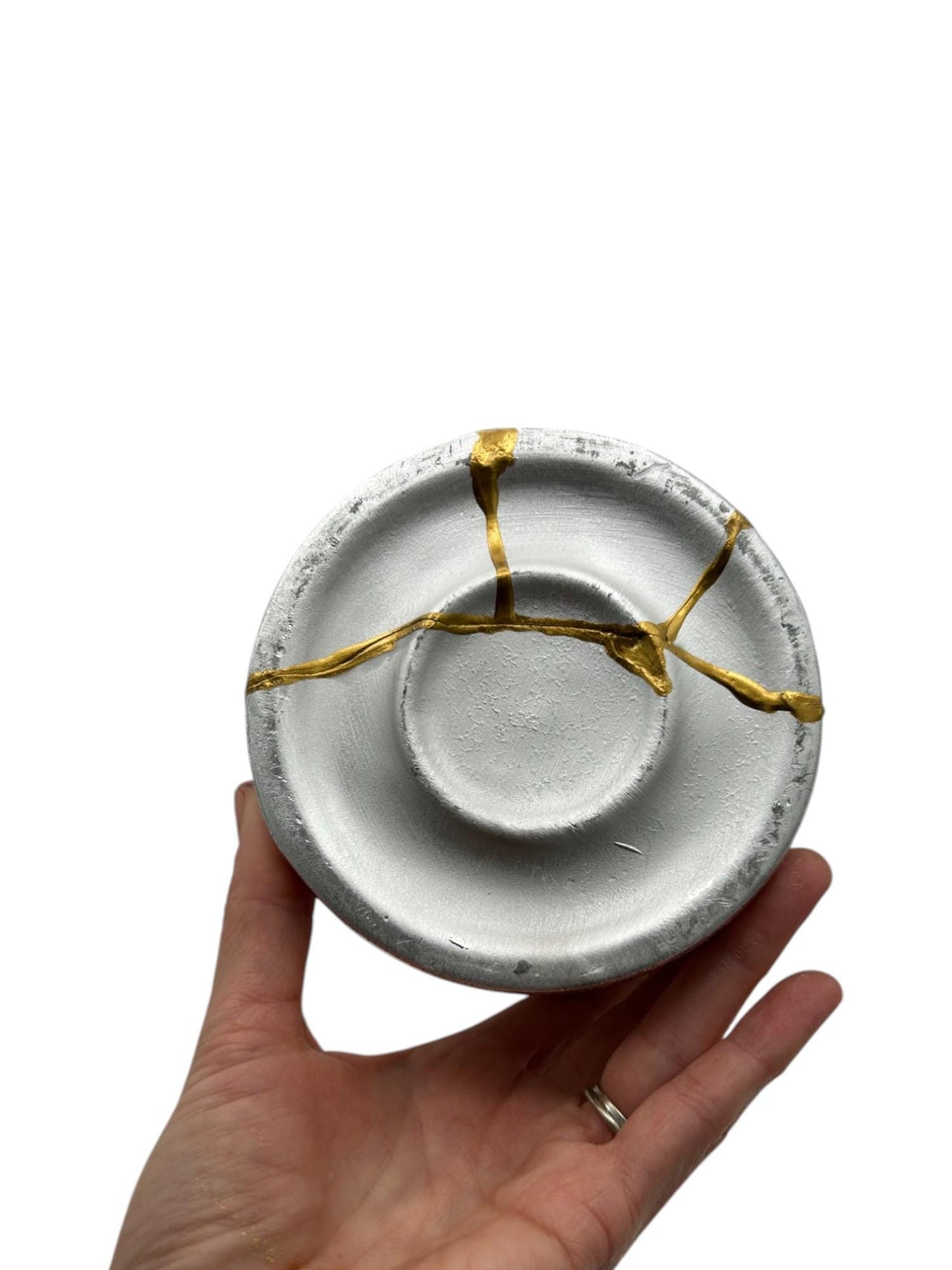 buy online luxury, bestseller, handmade, one of a kind, modern kintsugi japanese pottery art gift decorative small bottle style vase for dried flowers in silver/chrome ceramic with gold paint along break lines for sale