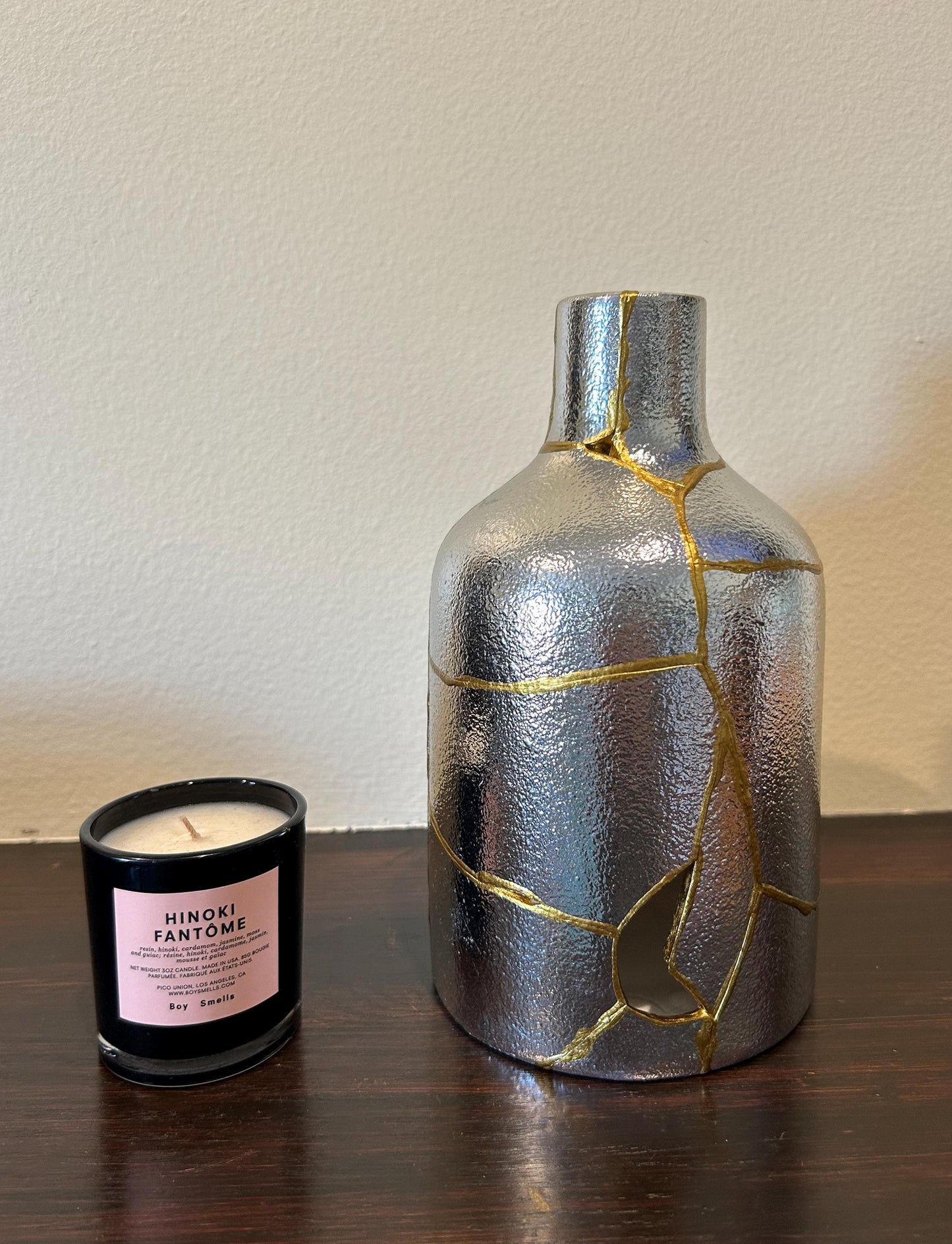 buy online luxury, bestseller, handmade, one of a kind, modern kintsugi japanese pottery art gift decorative small bottle style vase for dried flowers in silver/chrome ceramic with gold paint along break lines for sale