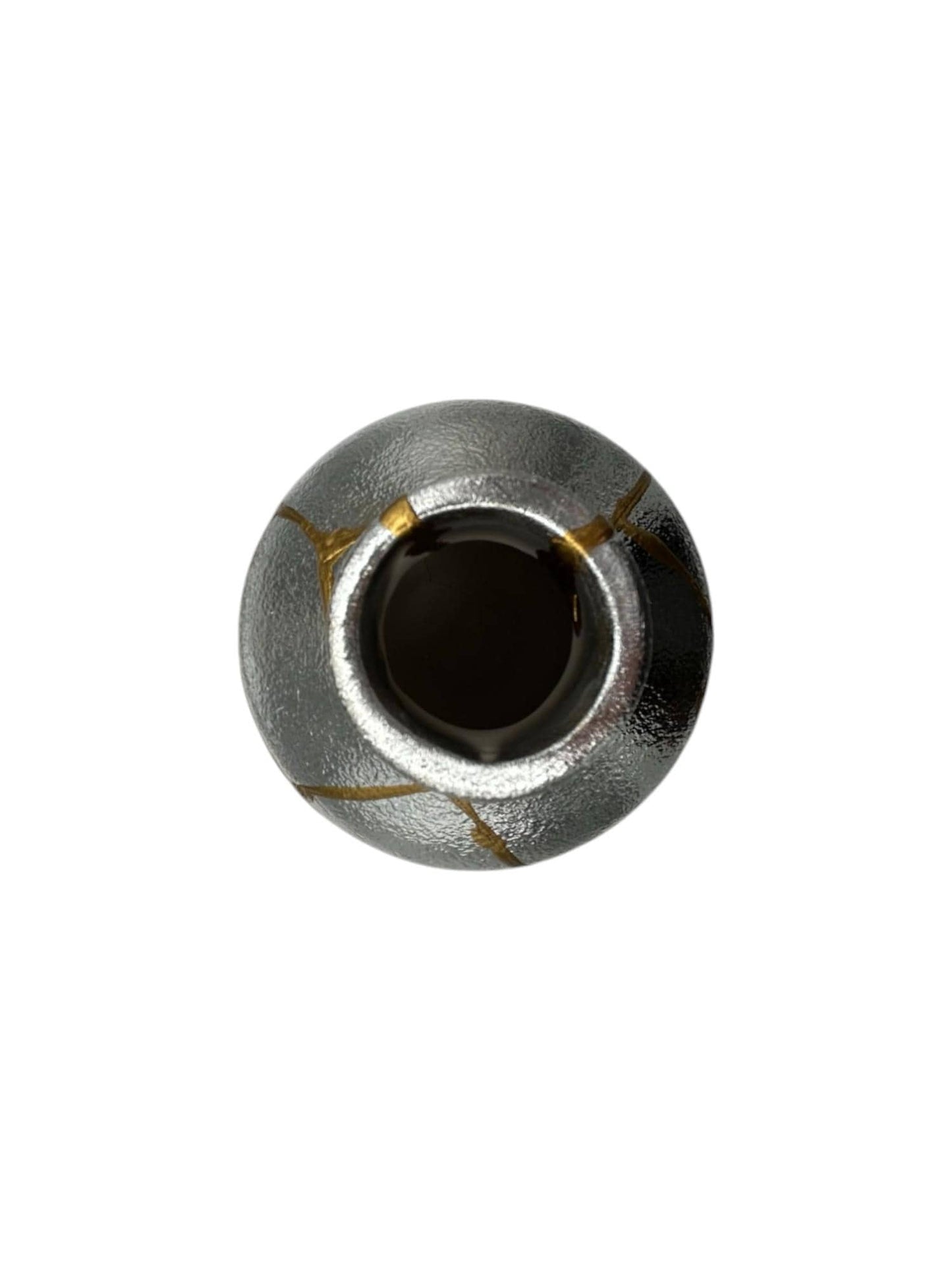 buy online luxury, bestseller, handmade, one of a kind, modern kintsugi japanese pottery art gift decorative small bottle style vase for dried flowers in silver/chrome ceramic with gold paint along break lines for sale