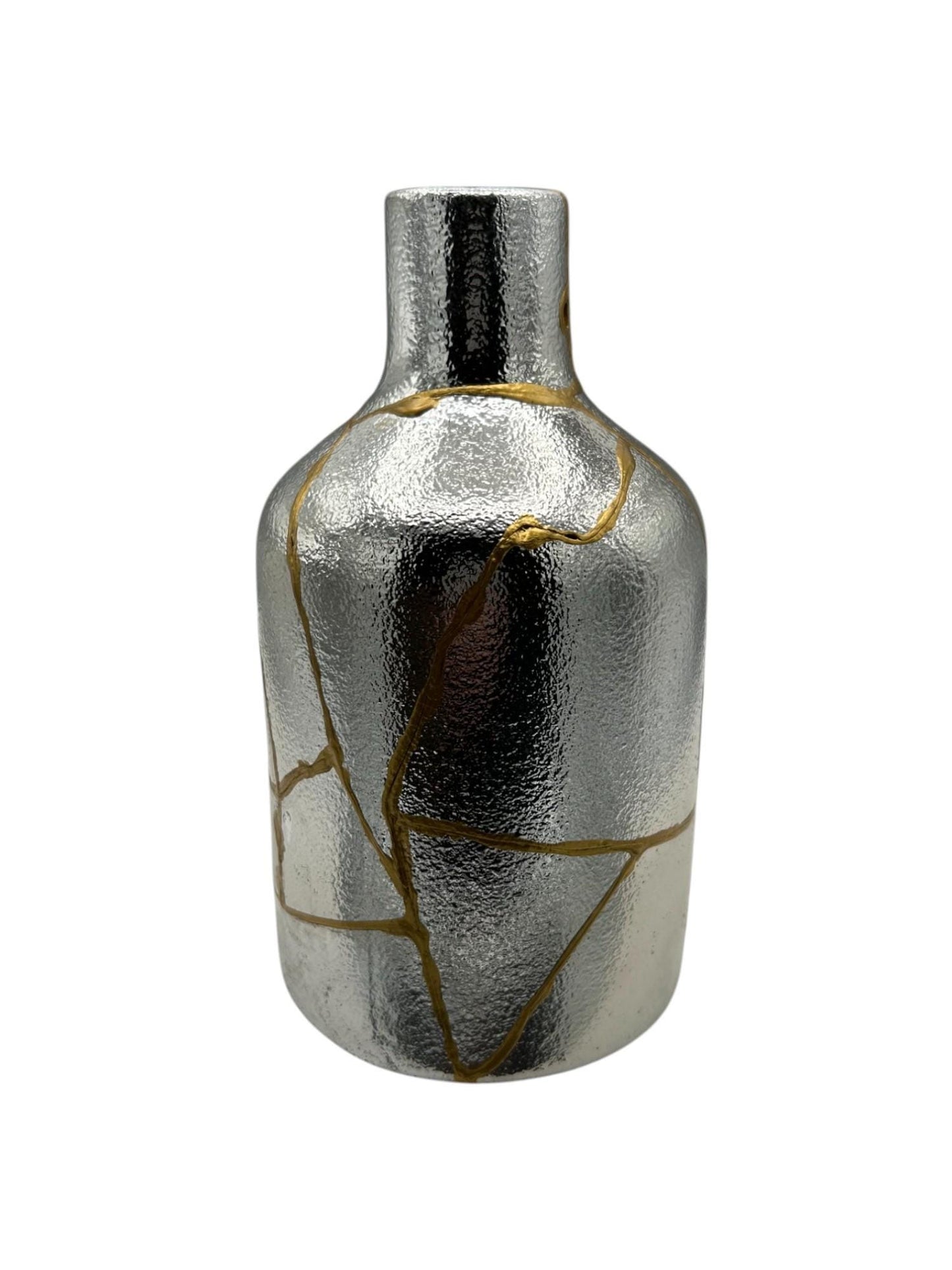 buy online luxury, bestseller, handmade, one of a kind, modern kintsugi japanese pottery art gift decorative small bottle style vase for dried flowers in silver/chrome ceramic with gold paint along break lines for sale