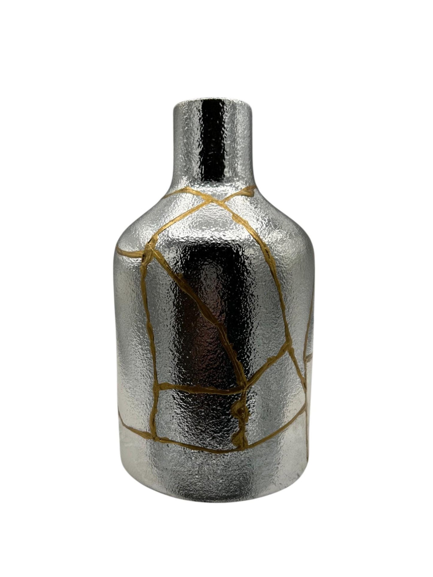 buy online luxury, bestseller, handmade, one of a kind, modern kintsugi japanese pottery art gift decorative small bottle style vase for dried flowers in silver/chrome ceramic with gold paint along break lines for sale