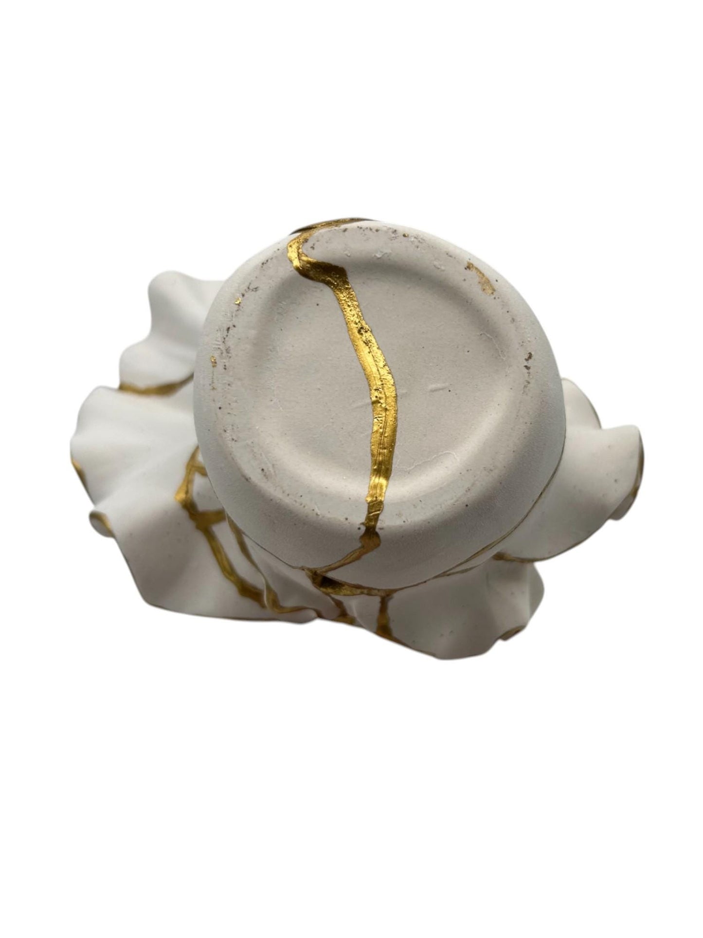 Flowers + Sand Kintsugi Vase - Ocean Theme - Broken + Repaired Japanese Pottery - Hand Painted Gold/Speckled White - (H)7.25in (W)7.5in