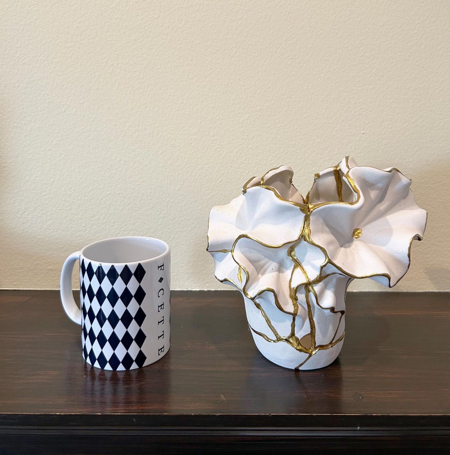 Flowers + Sand Kintsugi Vase - Ocean Theme - Broken + Repaired Japanese Pottery - Hand Painted Gold/Speckled White - (H)7.25in (W)7.5in