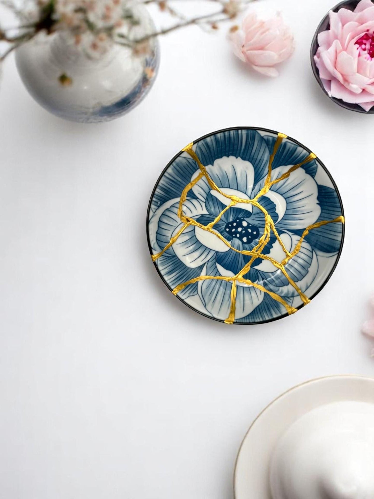 Kintsugi Blue Lotus Pedestal Decorative Bowl - Broken + Repaired Japanese Pottery Art - Hand Painted Gold - Charm Bracelet Accent (D)6.375in