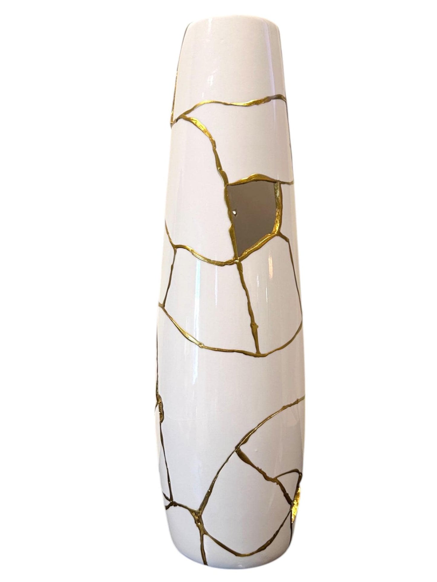 Kintsugi Cylinder Vase - Broken + Repaired Japanese Pottery - Hand Painted Gold - White - Glossy/Smooth - Tall - Table/Floor (H) 18in