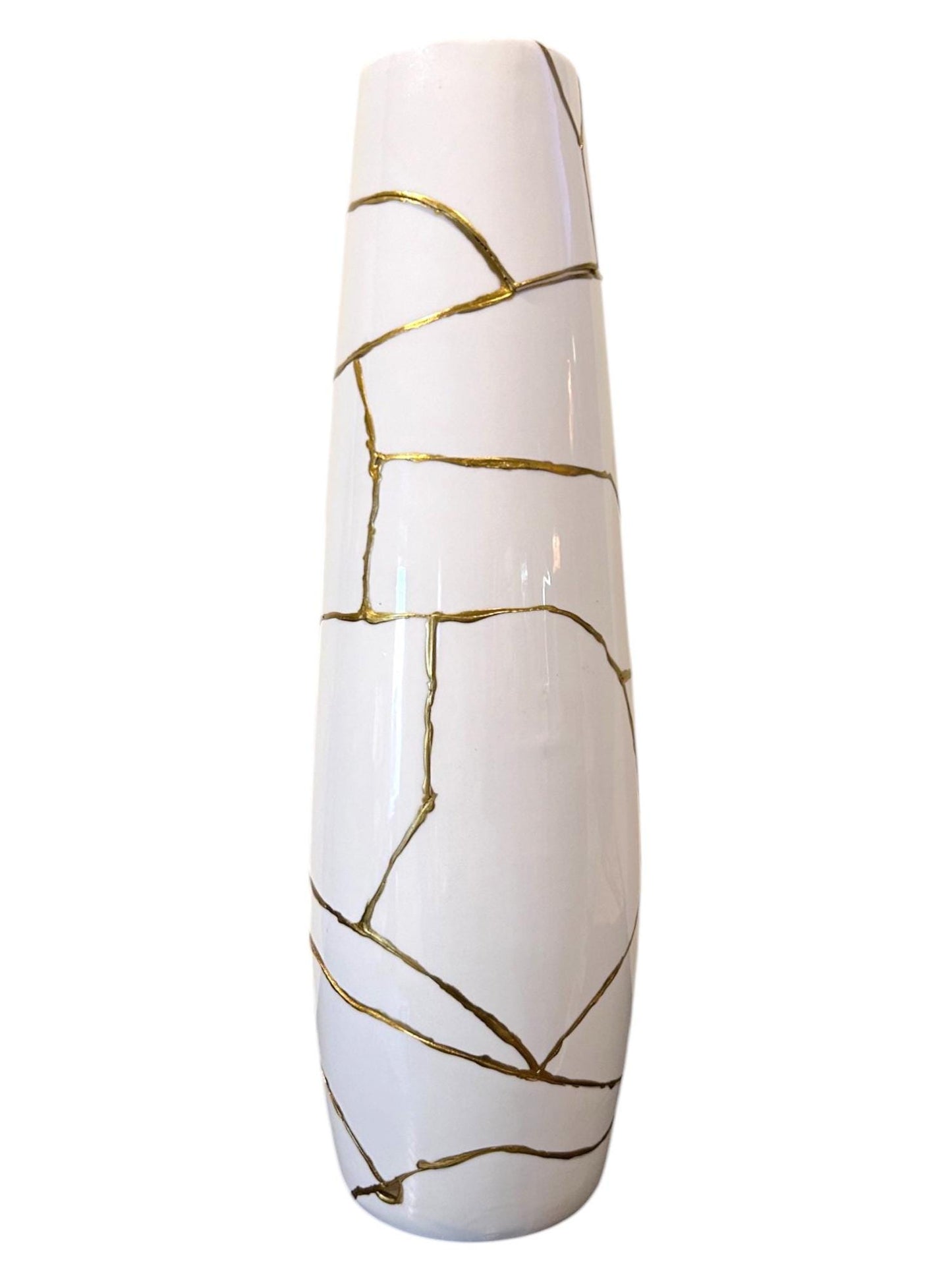 Kintsugi Cylinder Vase - Broken + Repaired Japanese Pottery - Hand Painted Gold - White - Glossy/Smooth - Tall - Table/Floor (H) 18in