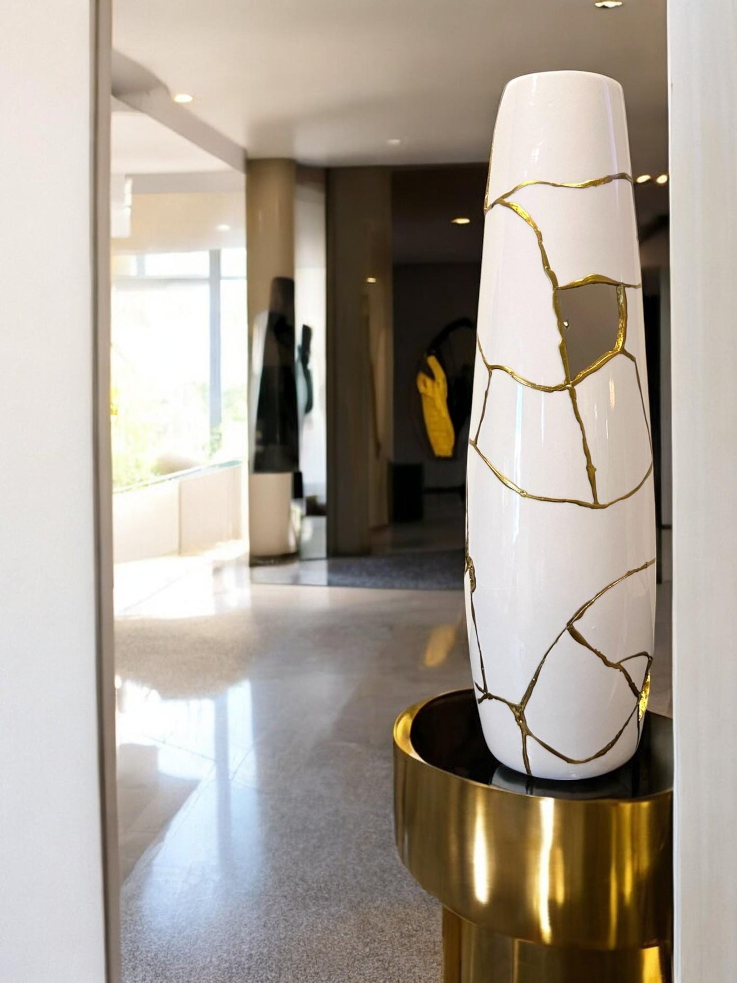 Kintsugi Cylinder Vase - Broken + Repaired Japanese Pottery - Hand Painted Gold - White - Glossy/Smooth - Tall - Table/Floor (H) 18in
