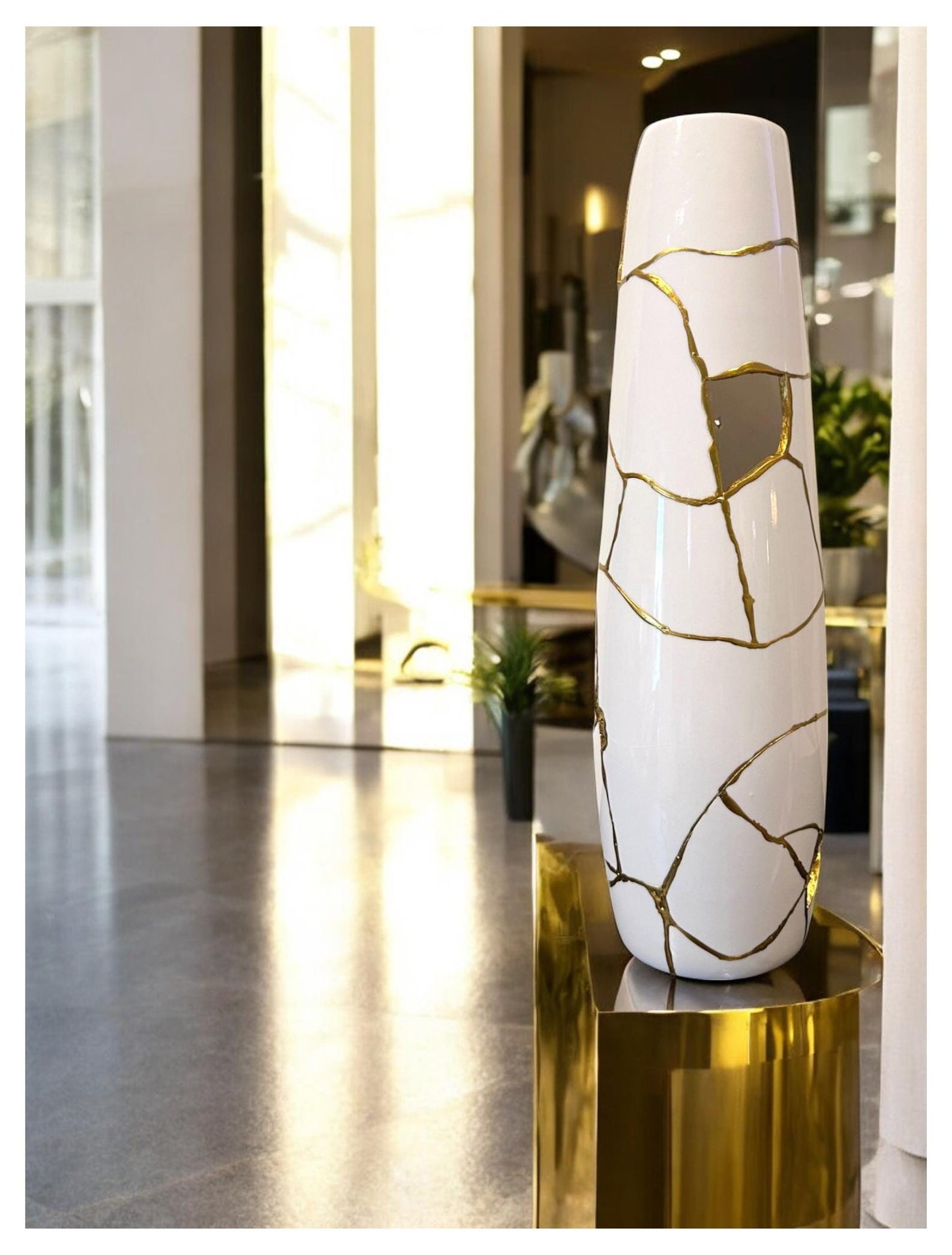Kintsugi Cylinder Vase - Broken + Repaired Japanese Pottery - Hand Painted Gold - White - Glossy/Smooth - Tall - Table/Floor (H) 18in