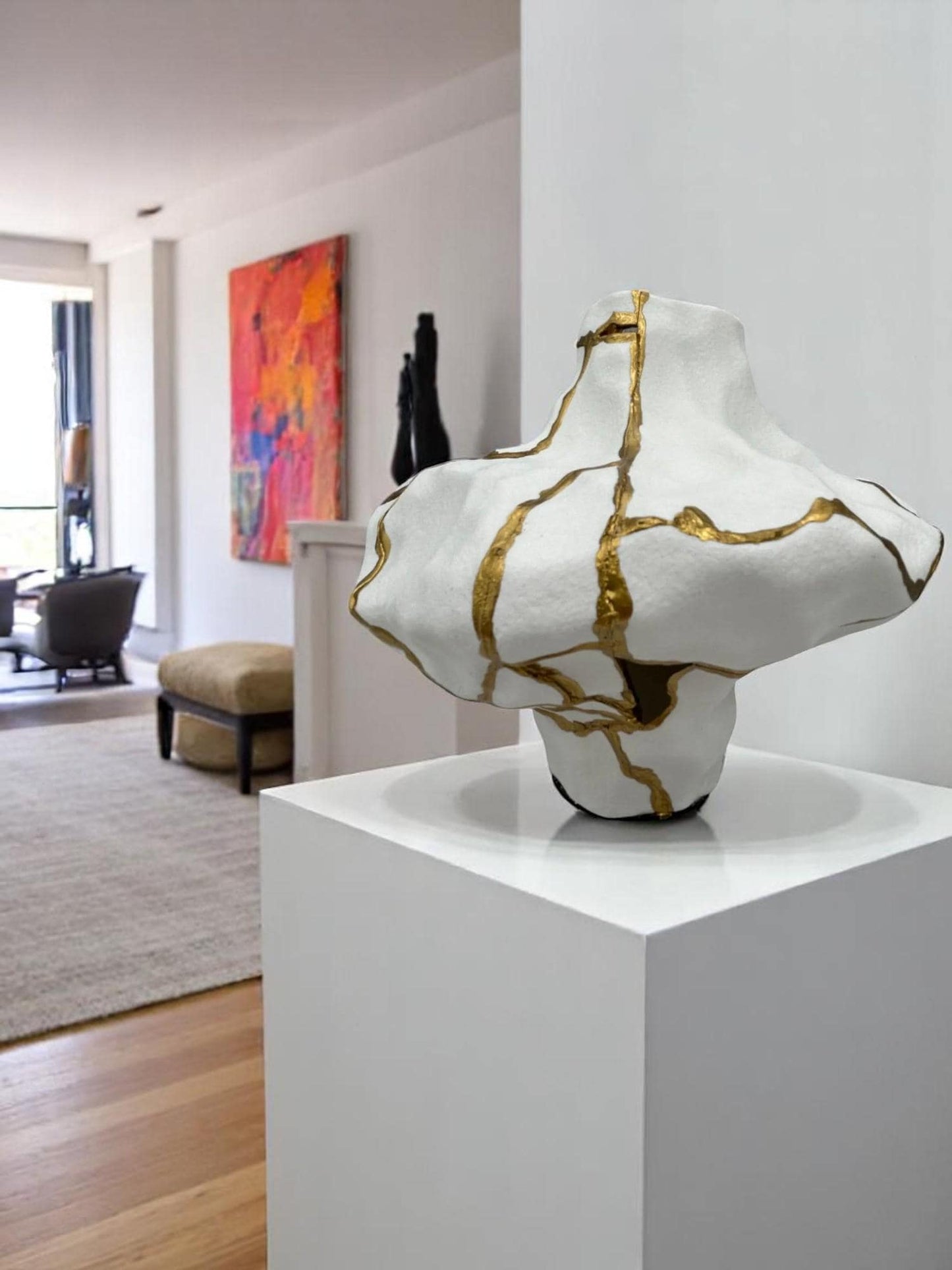 Modern Kintsugi Roccia Vase - Broken + Repaired Japanese Pottery - Hand Painted Gold Detail - Rough Texture - White - (H) 7in (W) 6.25in