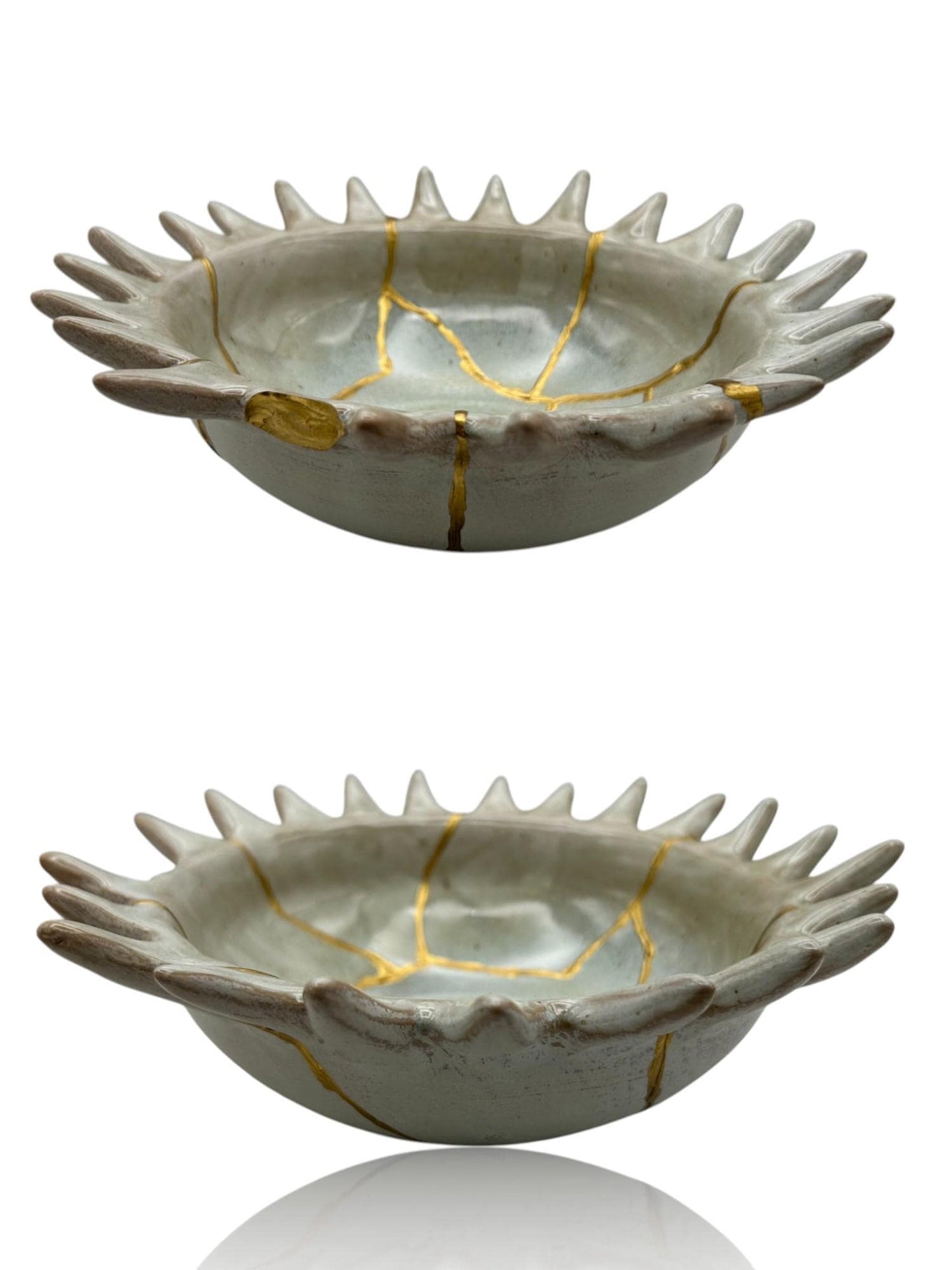 Kintsugi Urchin Bowl - Ocean/Wabi Sabi - Broken + Repaired Japanese Pottery Art - Hand Painted Gold - Ceramic - Whitewashed/Sage (D) 8.5in