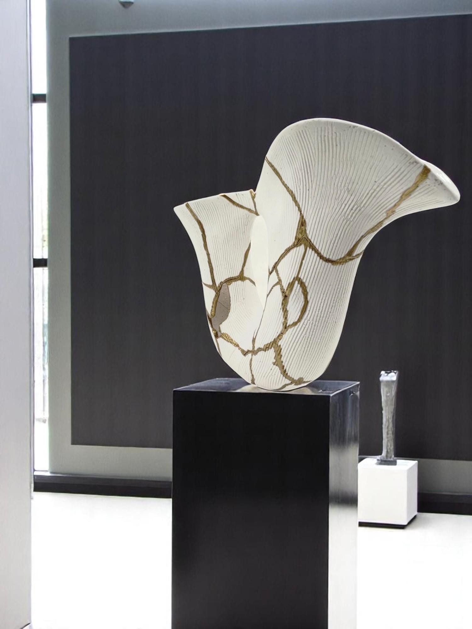 Kintsugi Curve Vase - Japanese Pottery Broken + Repaired - Hand Painted Gold Detail Along Breaks - White - Rough Texture - Small - (H) 7in