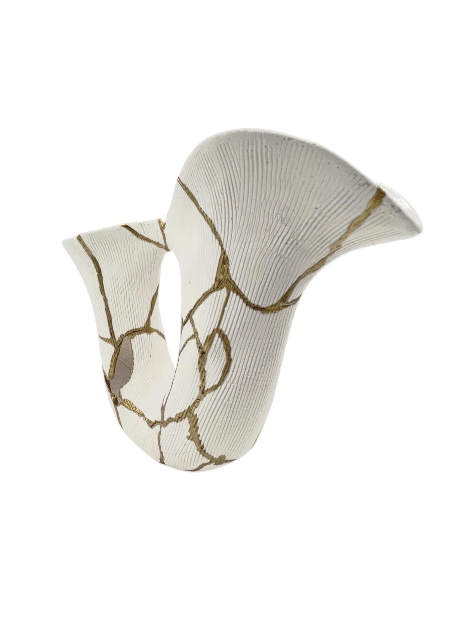 Kintsugi Curve Vase - Japanese Pottery Broken + Repaired - Hand Painted Gold Detail Along Breaks - White - Rough Texture - Small - (H) 7in