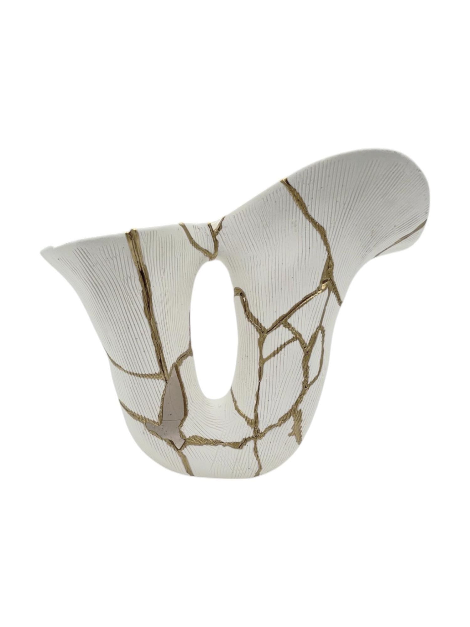 Kintsugi Curve Vase - Japanese Pottery Broken + Repaired - Hand Painted Gold Detail Along Breaks - White - Rough Texture - Small - (H) 7in