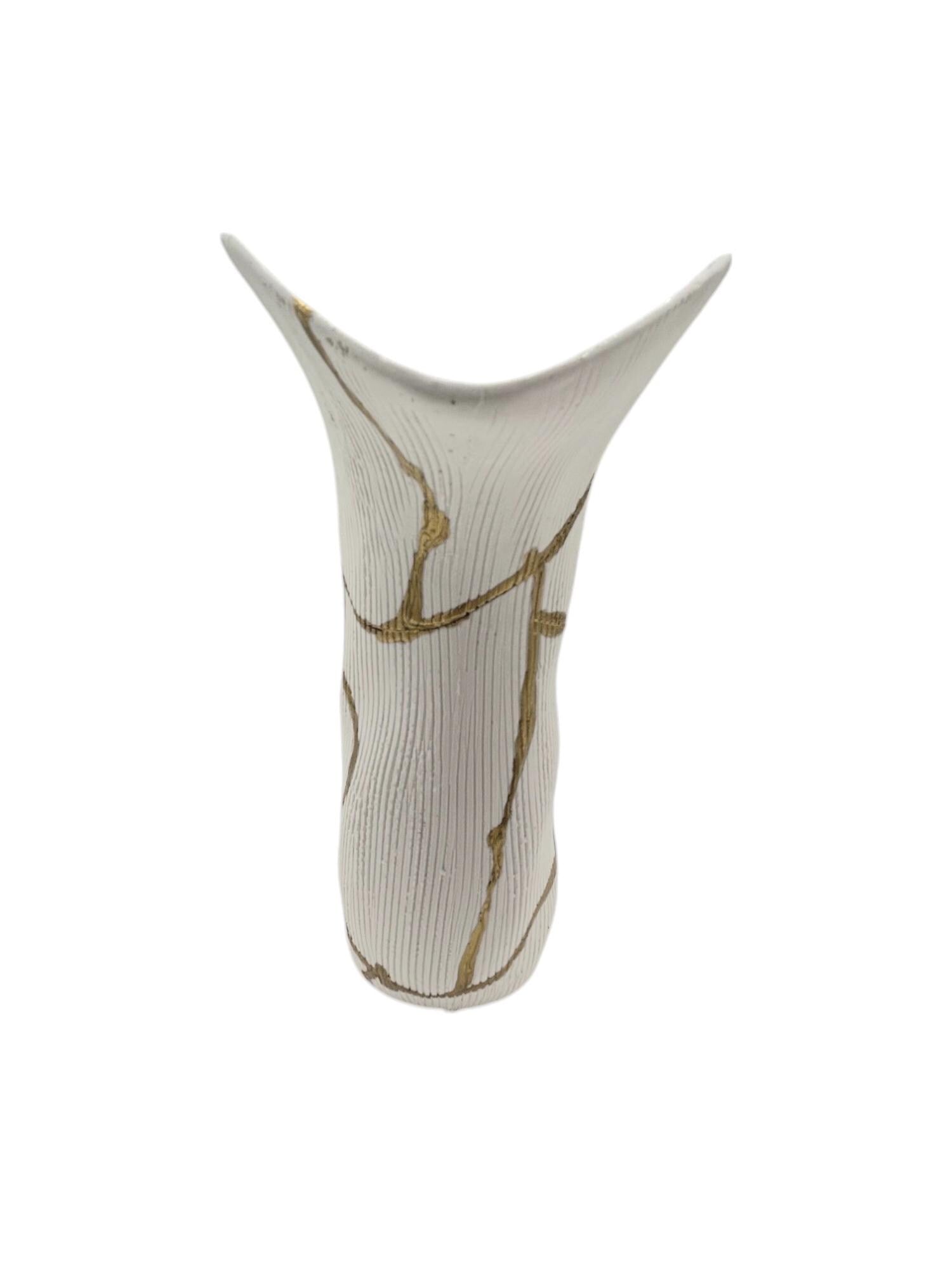 Kintsugi Curve Vase - Japanese Pottery Broken + Repaired - Hand Painted Gold Detail Along Breaks - White - Rough Texture - Small - (H) 7in