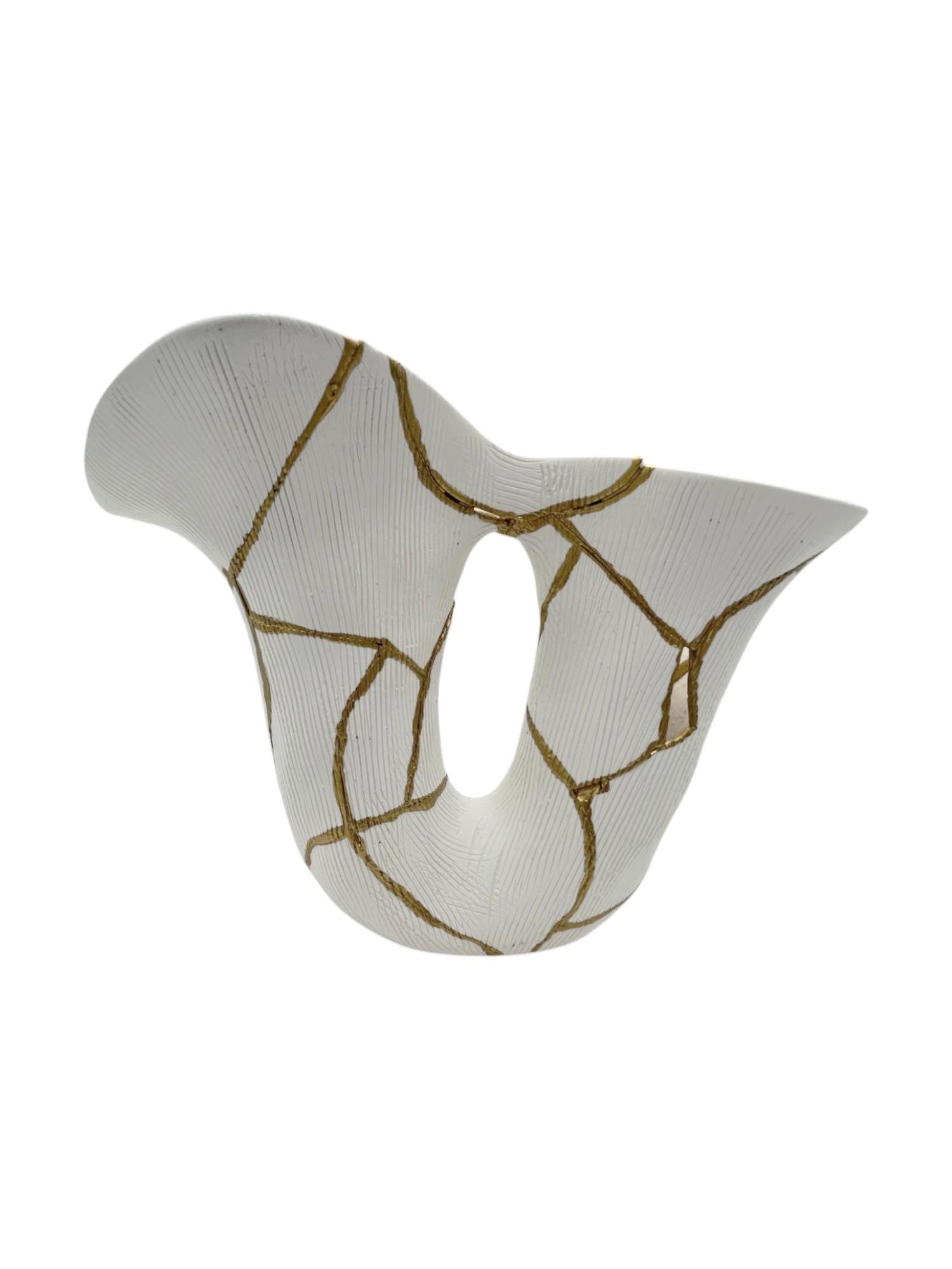 Kintsugi Curve Vase - Japanese Pottery Broken + Repaired - Hand Painted Gold Detail Along Breaks - White - Rough Texture - Small - (H) 7in