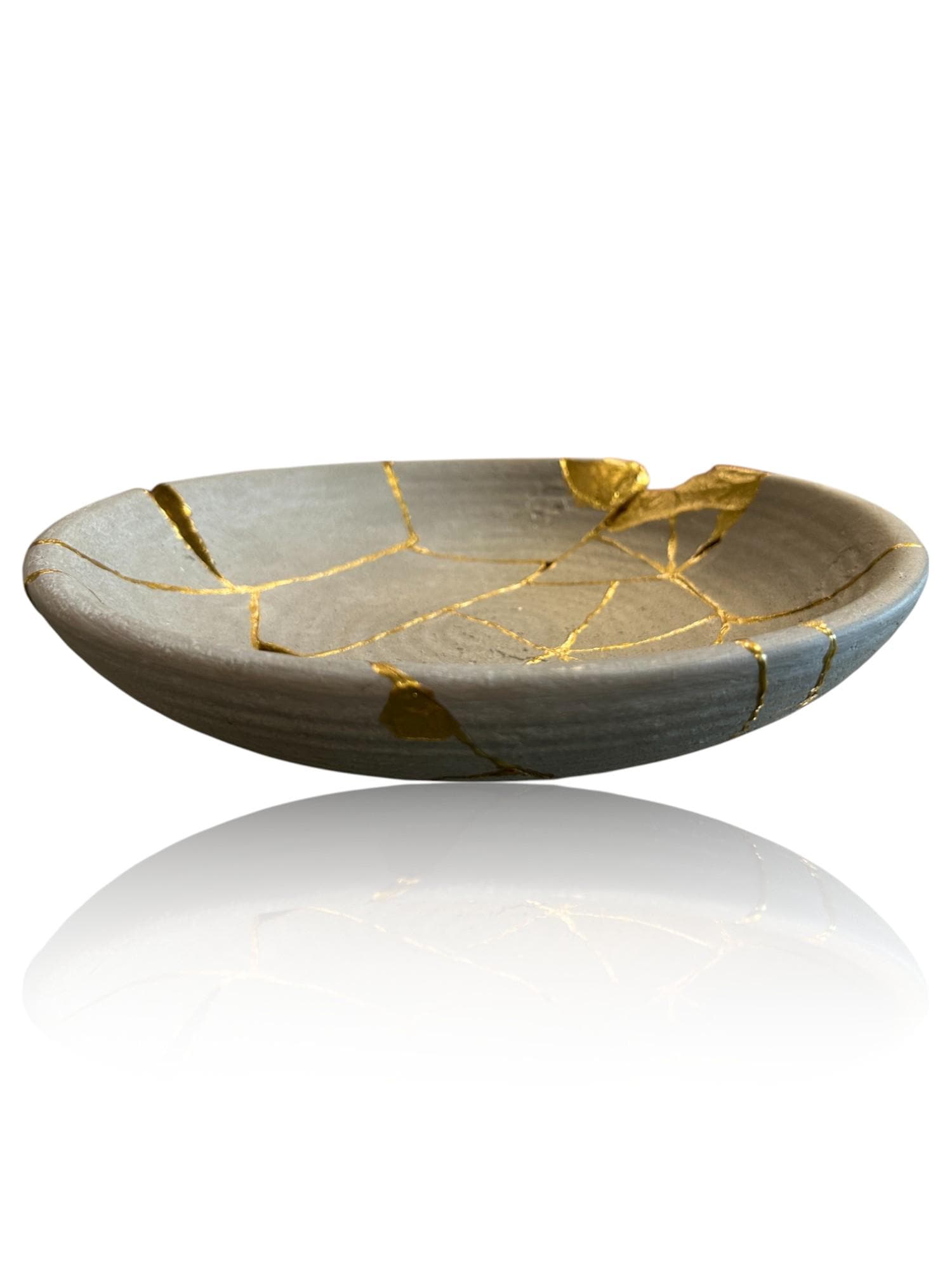 Kintsugi Low Bowl - Wabi Sabi - Broken + Repaired Japanese Pottery Art - Hand Painted Gold - Whitewashed/Ridged - Large - Gray (D) 12in
