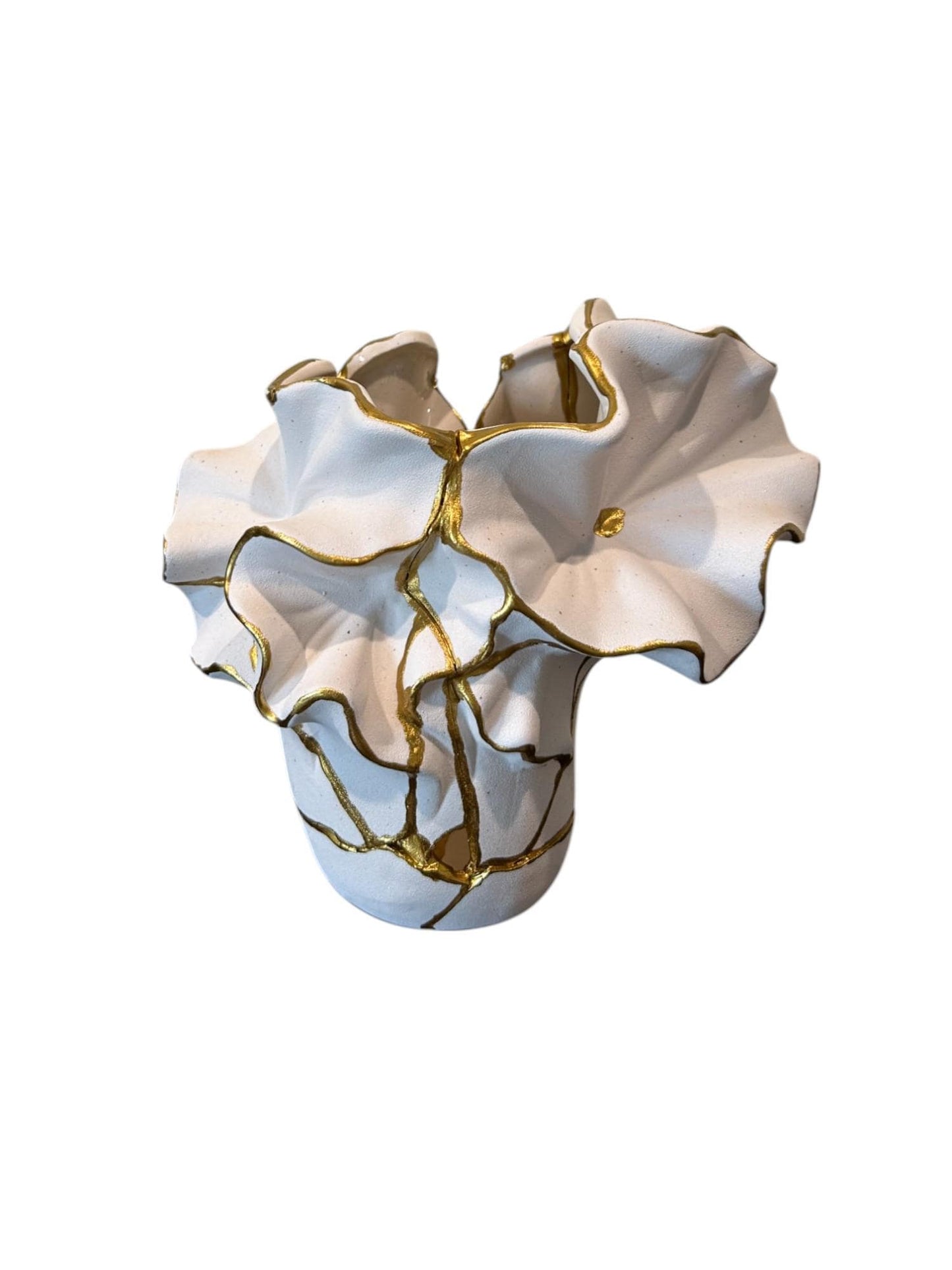Flowers + Sand Kintsugi Vase - Ocean Theme - Broken + Repaired Japanese Pottery - Hand Painted Gold/Speckled White - (H)7.25in (W)7.5in