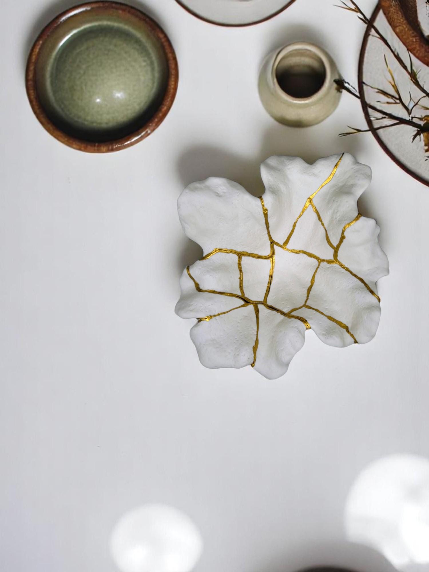 Kintsugi Coral Bowl - Ocean/Sea/Nature - Broken + Repaired Japanese Pottery - Hand Painted Gold - Ceramic - Small (L) 9.25in