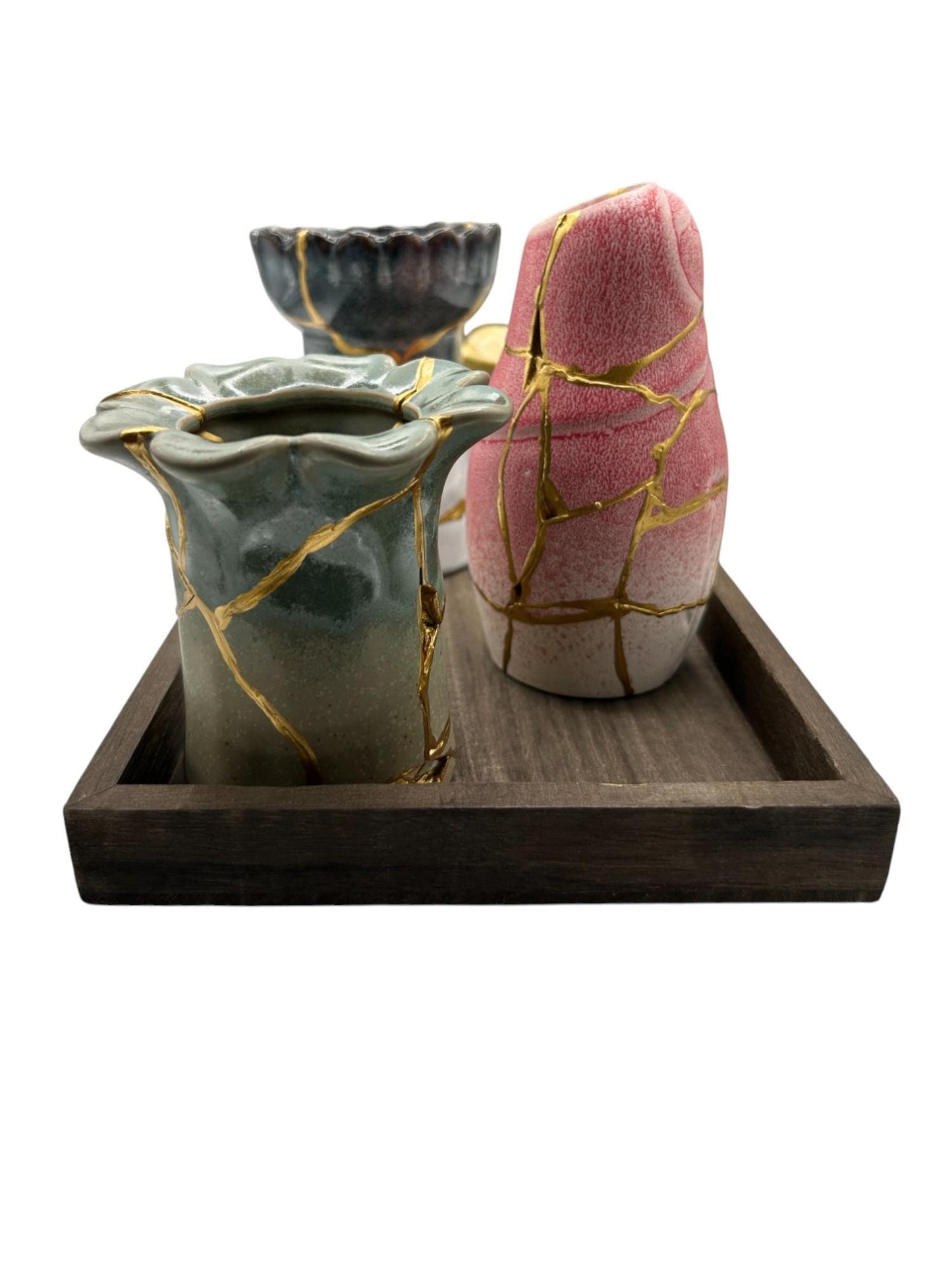 Kintsugi BoHo Vases - Set of 5 Pieces - Broken + Repaired Japanese Pottery Art - Hand Painted Gold Detail - Wooden Platform Included