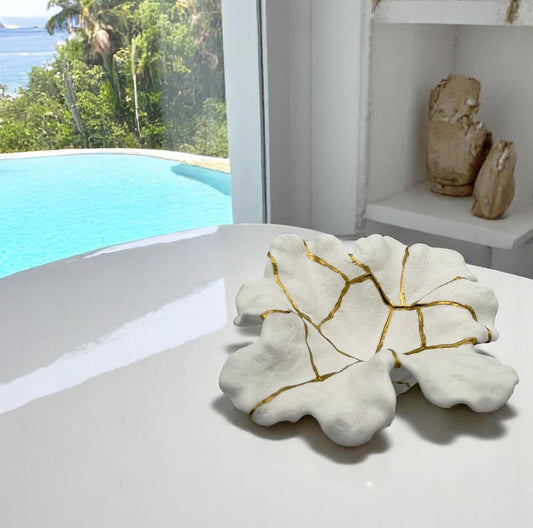 Kintsugi Coral Bowl - Ocean/Sea/Nature - Broken + Repaired Japanese Pottery - Hand Painted Gold - Ceramic - Small (L) 9.25in