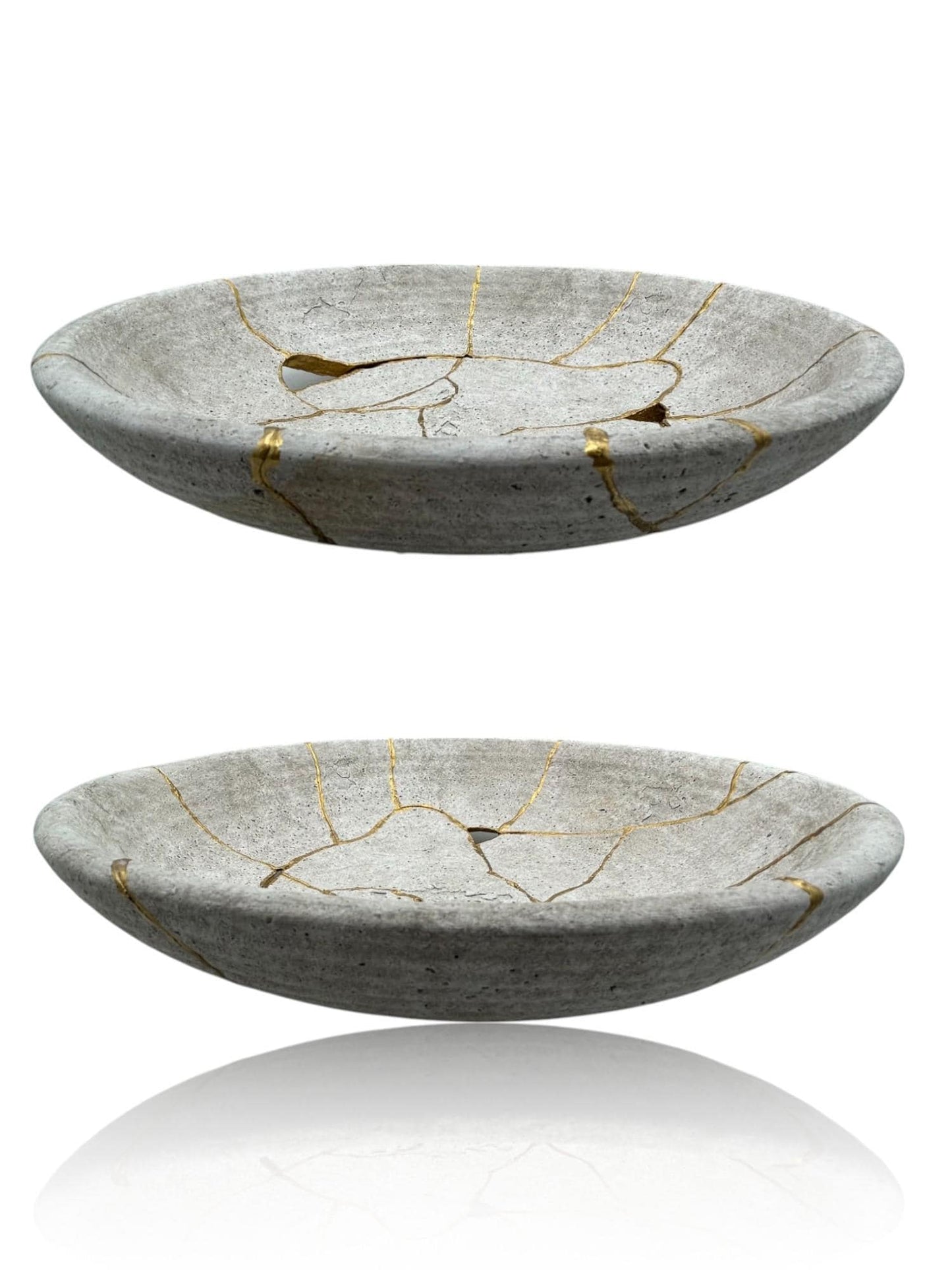 Kintsugi Low Bowl - Wabi Sabi - Broken + Repaired Japanese Pottery Art - Hand Painted Gold - Whitewashed/Ridged - Large (D) 12in