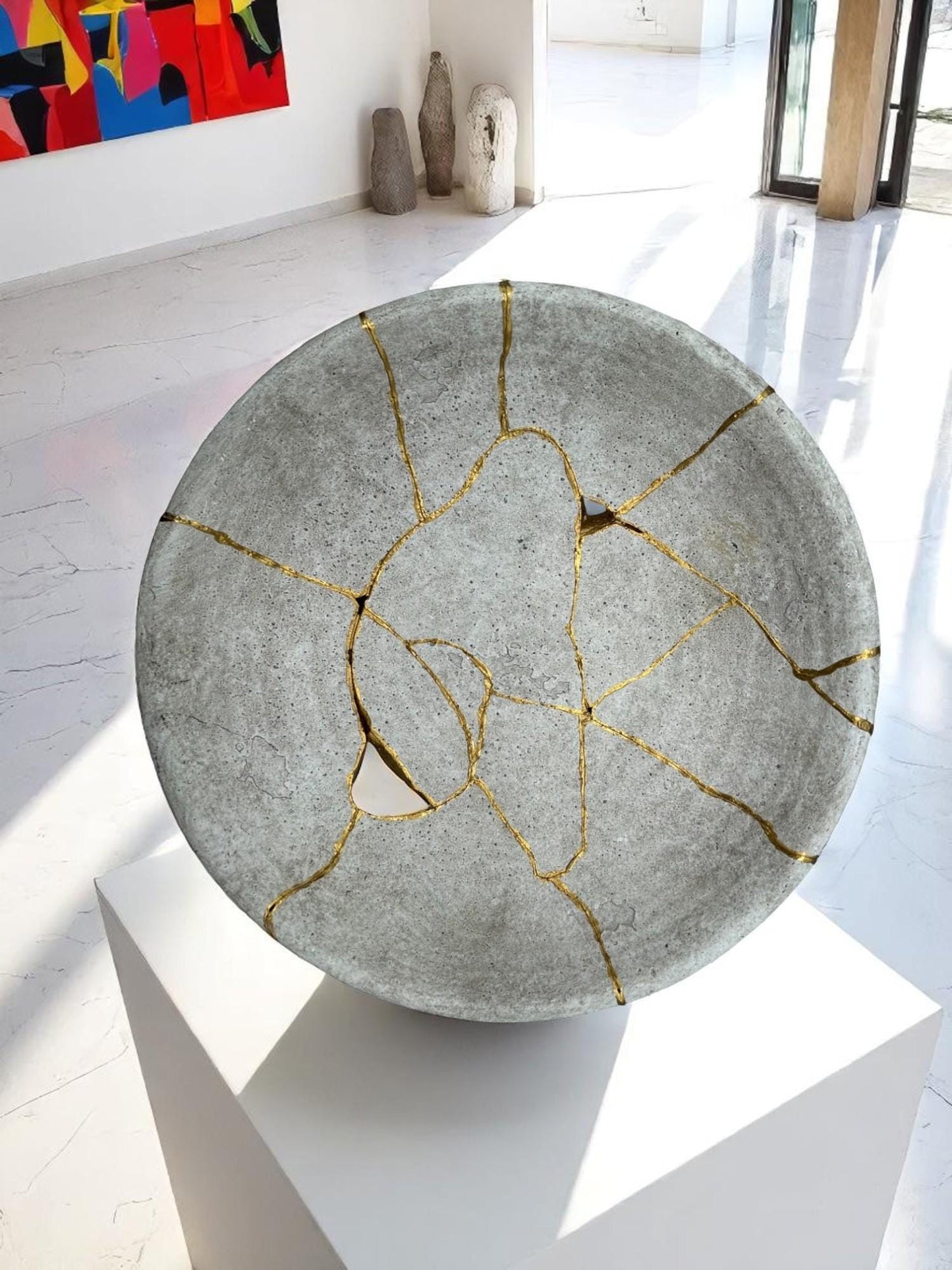 Kintsugi Low Bowl - Wabi Sabi - Broken + Repaired Japanese Pottery Art - Hand Painted Gold - Whitewashed/Ridged - Large (D) 12in