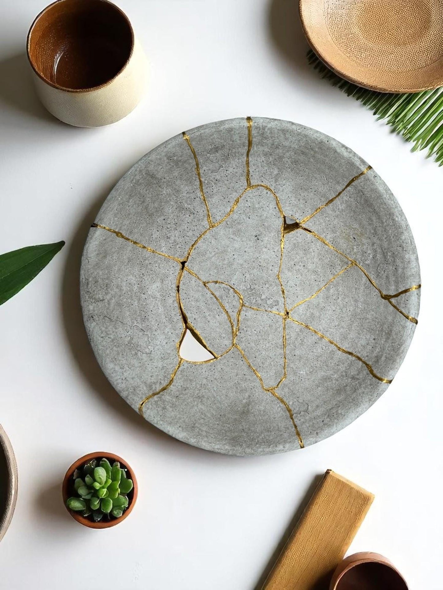 Kintsugi Low Bowl - Wabi Sabi - Broken + Repaired Japanese Pottery Art - Hand Painted Gold - Whitewashed/Ridged - Large (D) 12in