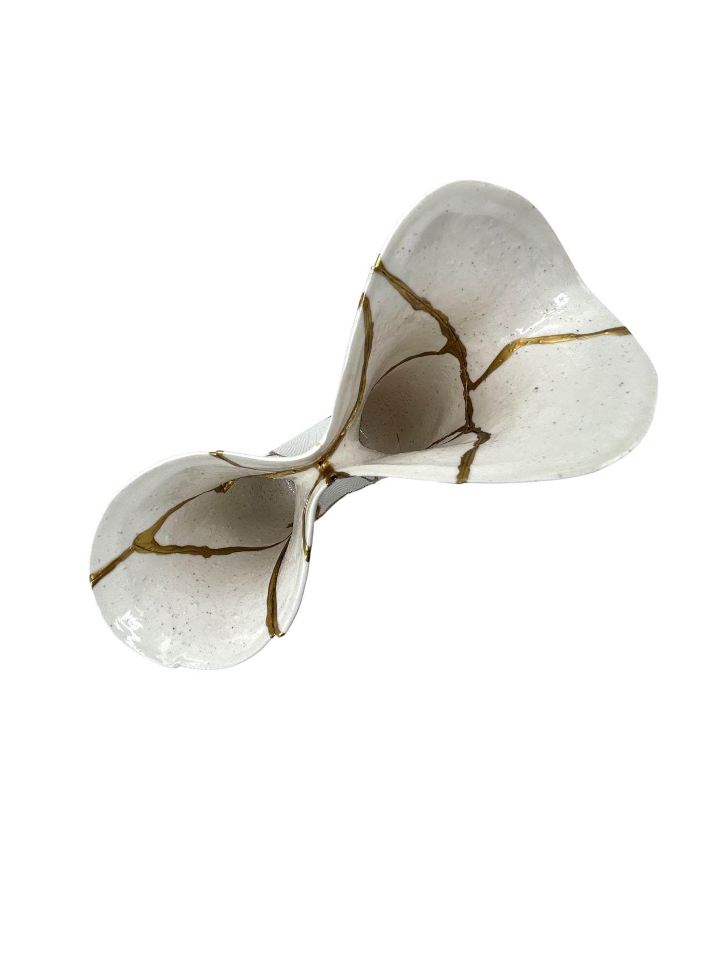 Kintsugi Curve Vase - Japanese Pottery Broken + Repaired - Hand Painted Gold Detail Along Breaks - White - Rough Texture - Small - (H) 7in
