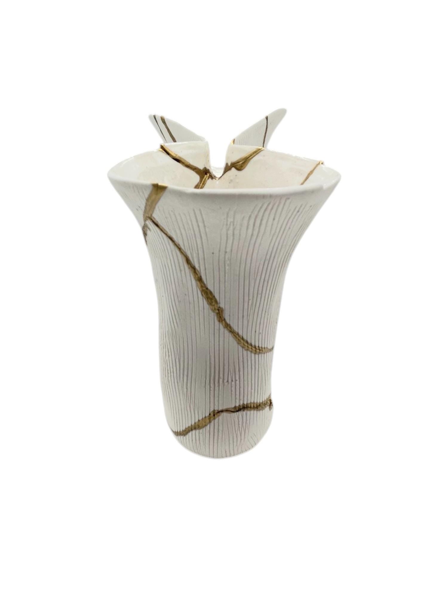 Kintsugi Curve Vase - Japanese Pottery Broken + Repaired - Hand Painted Gold Detail Along Breaks - White - Rough Texture - Small - (H) 7in