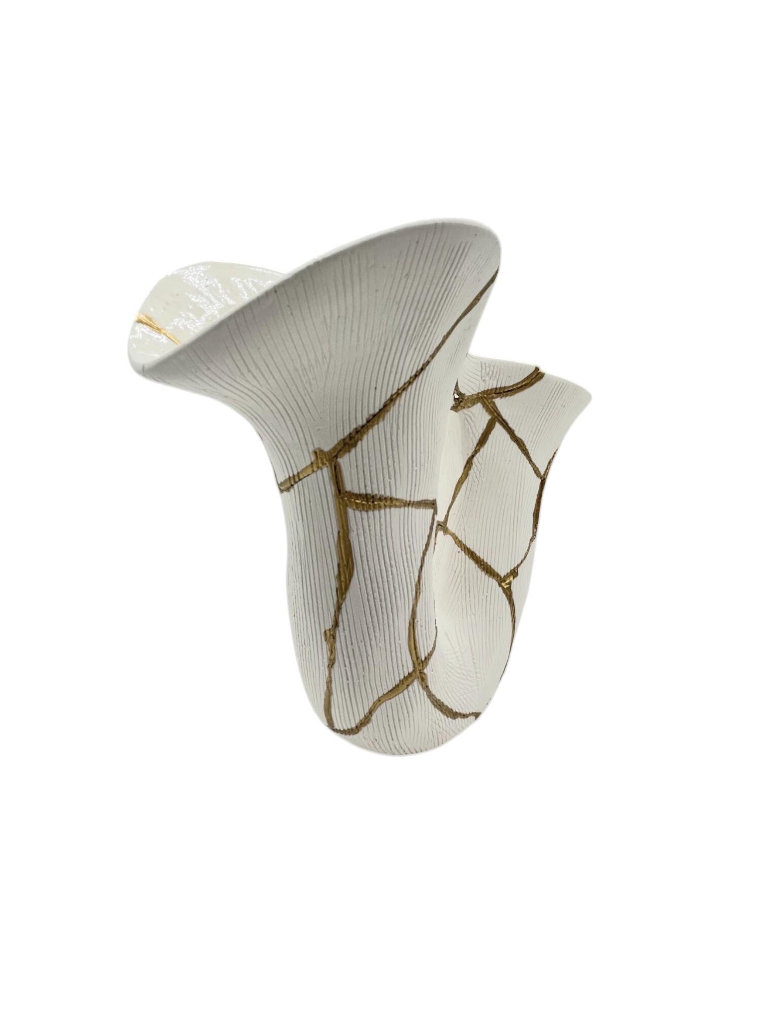 Kintsugi Curve Vase - Japanese Pottery Broken + Repaired - Hand Painted Gold Detail Along Breaks - White - Rough Texture - Small - (H) 7in
