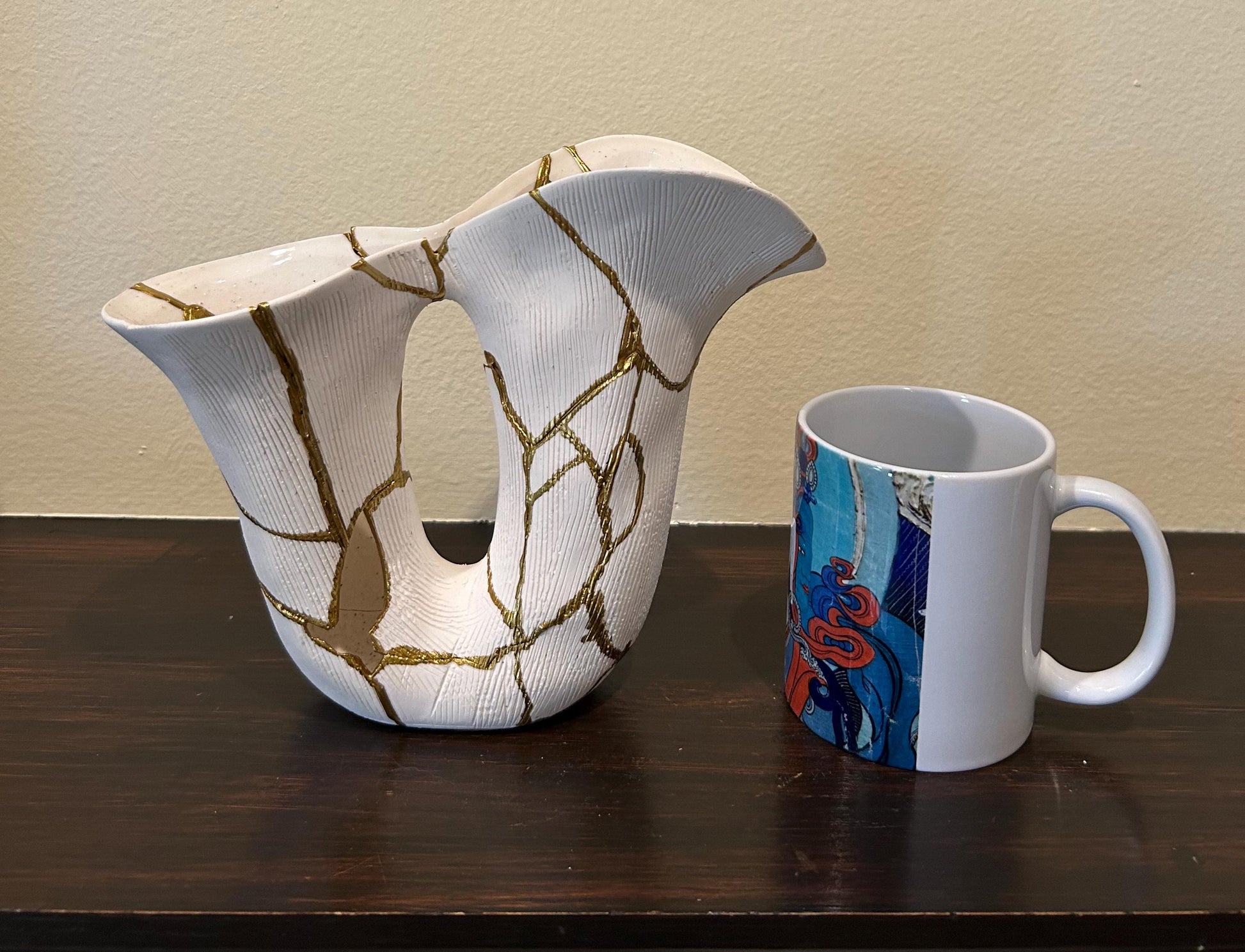 Kintsugi Curve Vase - Japanese Pottery Broken + Repaired - Hand Painted Gold Detail Along Breaks - White - Rough Texture - Small - (H) 7in