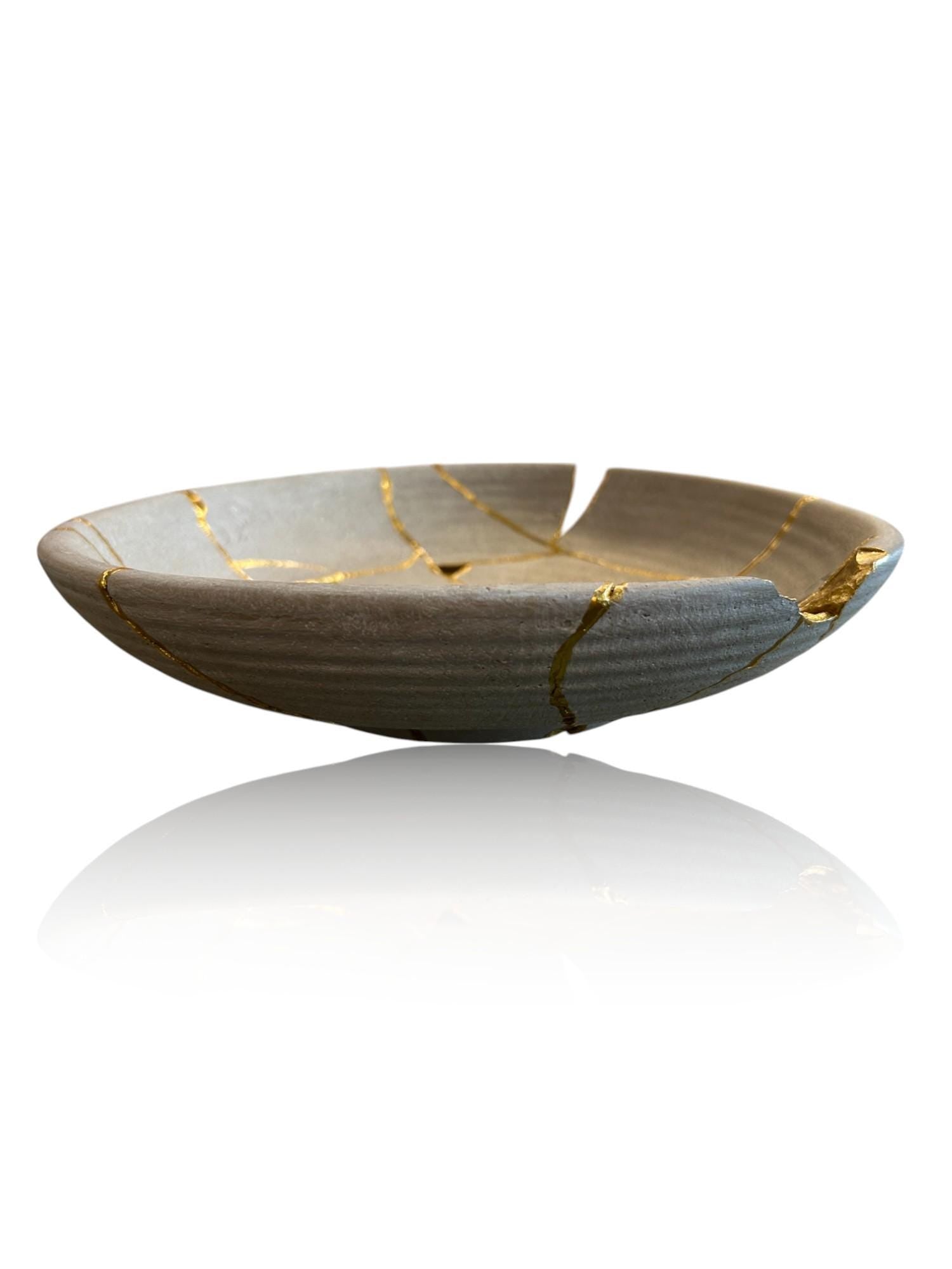 Kintsugi Low Bowl - Wabi Sabi - Broken + Repaired Japanese Pottery Art - Hand Painted Gold - Whitewashed/Ridged - Large - Gray (D) 12in