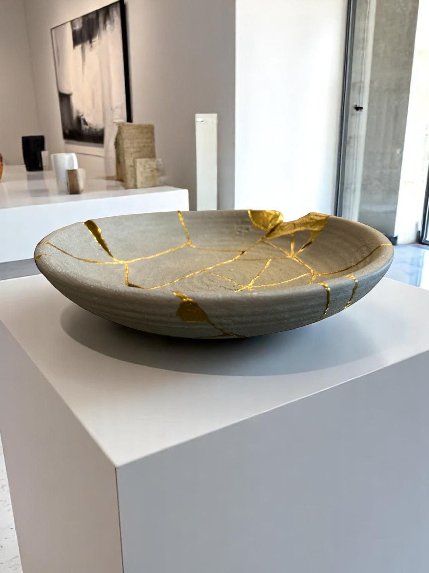 Kintsugi Low Bowl - Wabi Sabi - Broken + Repaired Japanese Pottery Art - Hand Painted Gold - Whitewashed/Ridged - Large - Gray (D) 12in