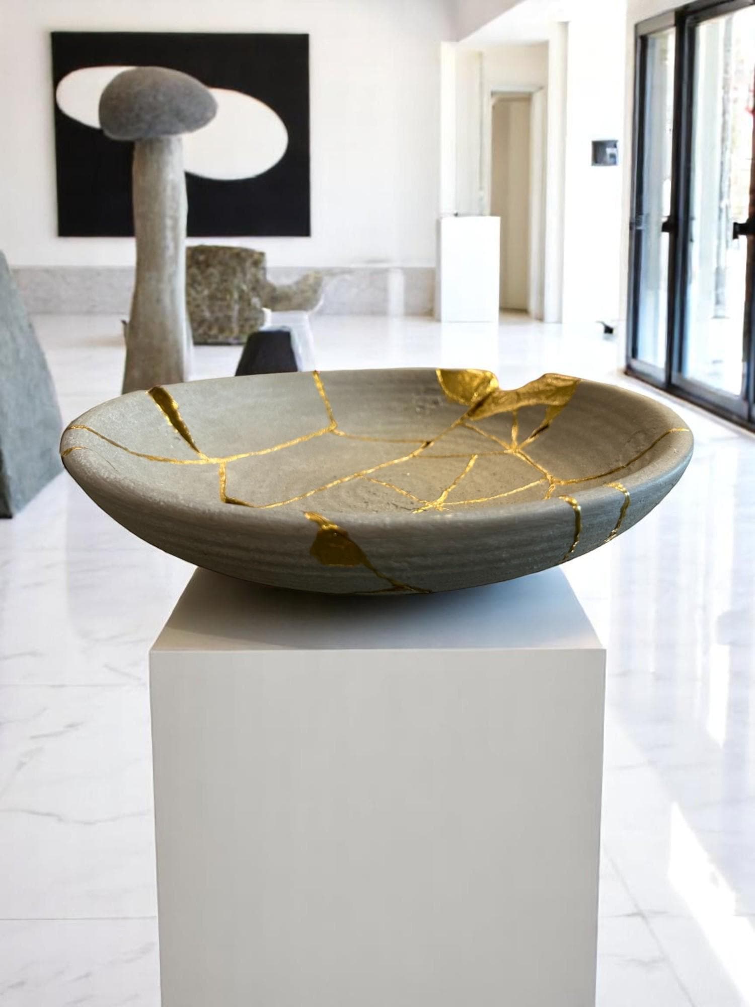 Kintsugi Low Bowl - Wabi Sabi - Broken + Repaired Japanese Pottery Art - Hand Painted Gold - Whitewashed/Ridged - Large - Gray (D) 12in