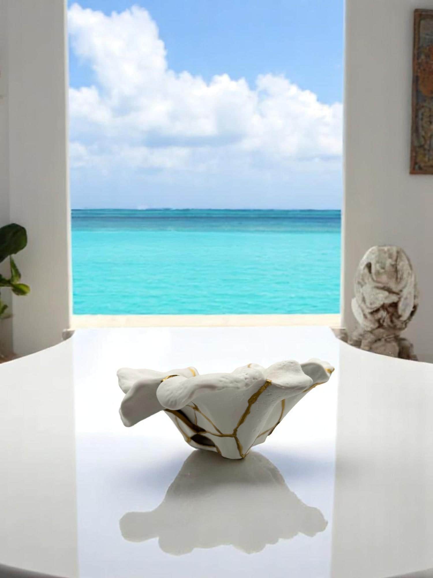 Kintsugi Coral Bowl - Ocean/Sea/Nature - Broken + Repaired Japanese Pottery - Hand Painted Gold - Ceramic - Small (L) 9.25in