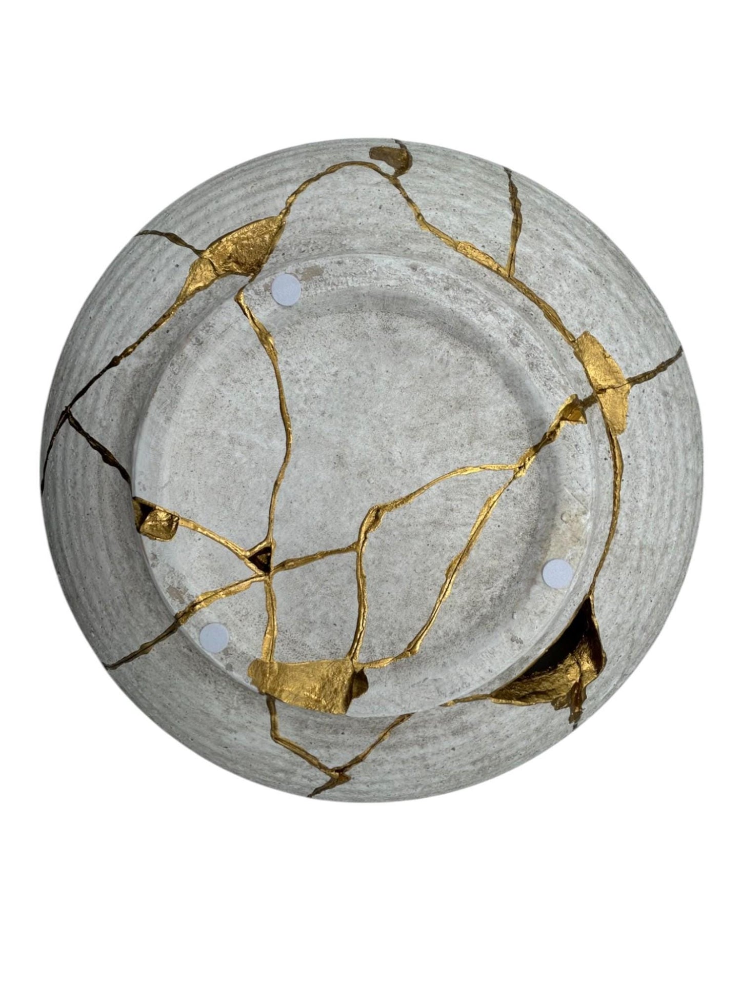 Kintsugi Low Bowl - Wabi Sabi - Broken + Repaired Japanese Pottery Art - Hand Painted Gold - Whitewashed/Ridged - Large (D) 12in