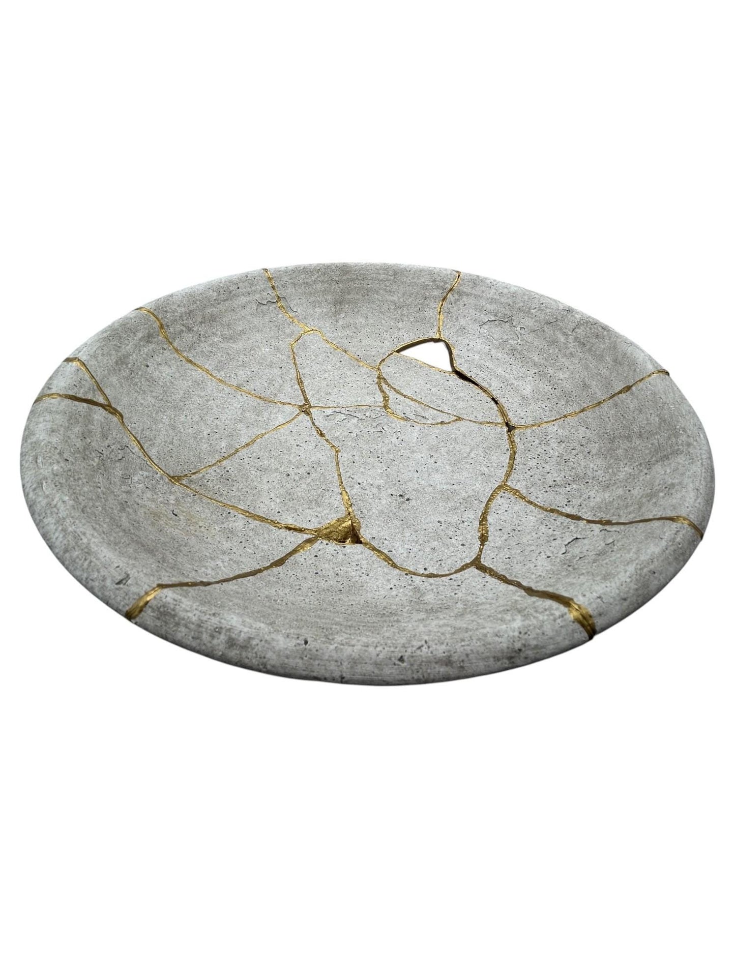 Kintsugi Low Bowl - Wabi Sabi - Broken + Repaired Japanese Pottery Art - Hand Painted Gold - Whitewashed/Ridged - Large (D) 12in