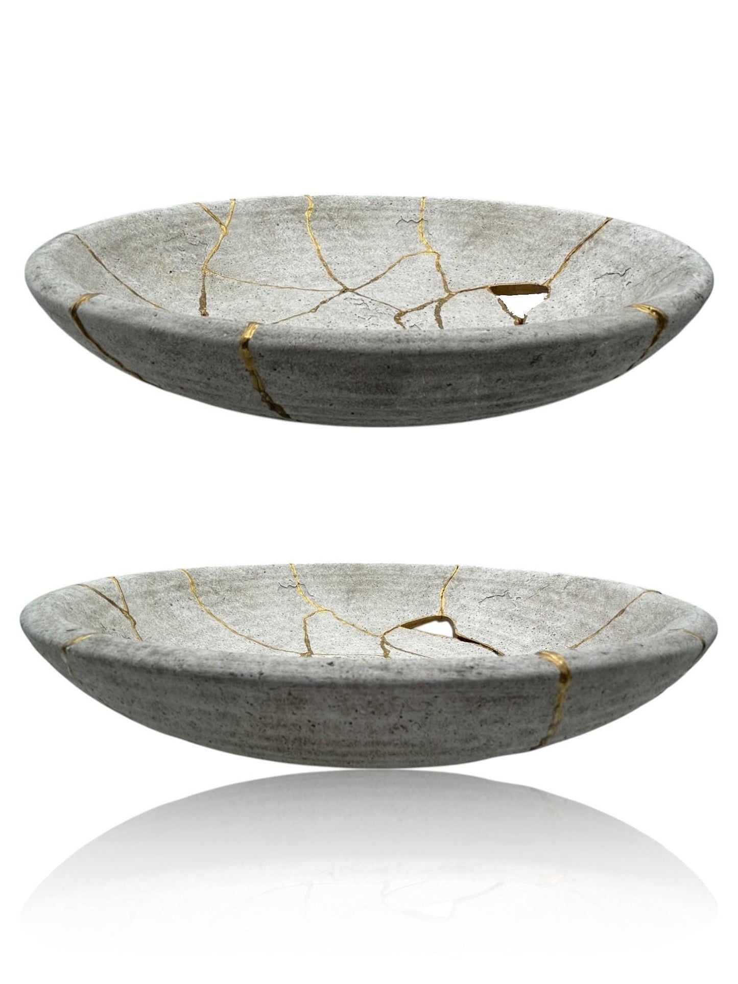 Kintsugi Low Bowl - Wabi Sabi - Broken + Repaired Japanese Pottery Art - Hand Painted Gold - Whitewashed/Ridged - Large (D) 12in